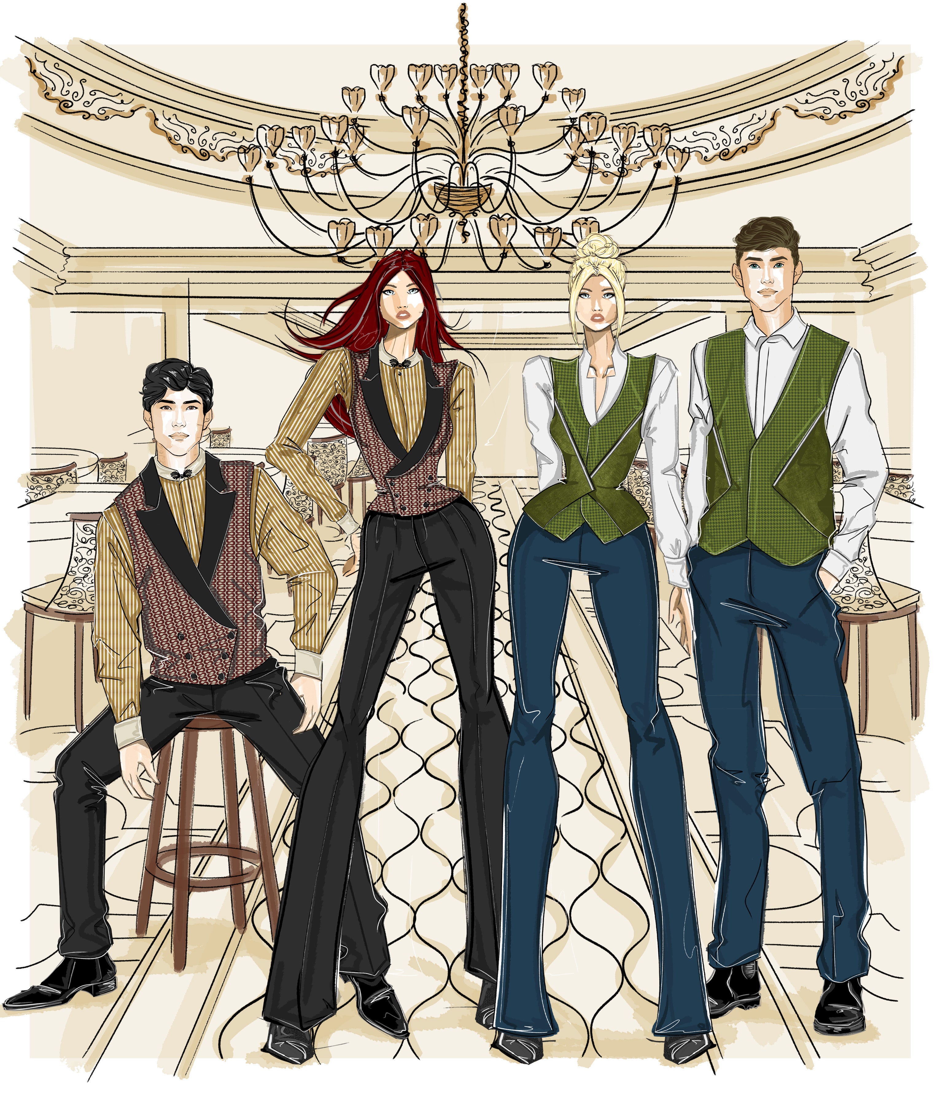 casino dealer uniforms custom design in house and uniform manufacturer in USA Hotel casino and restaurant uniforms by KAPTVA Apparel