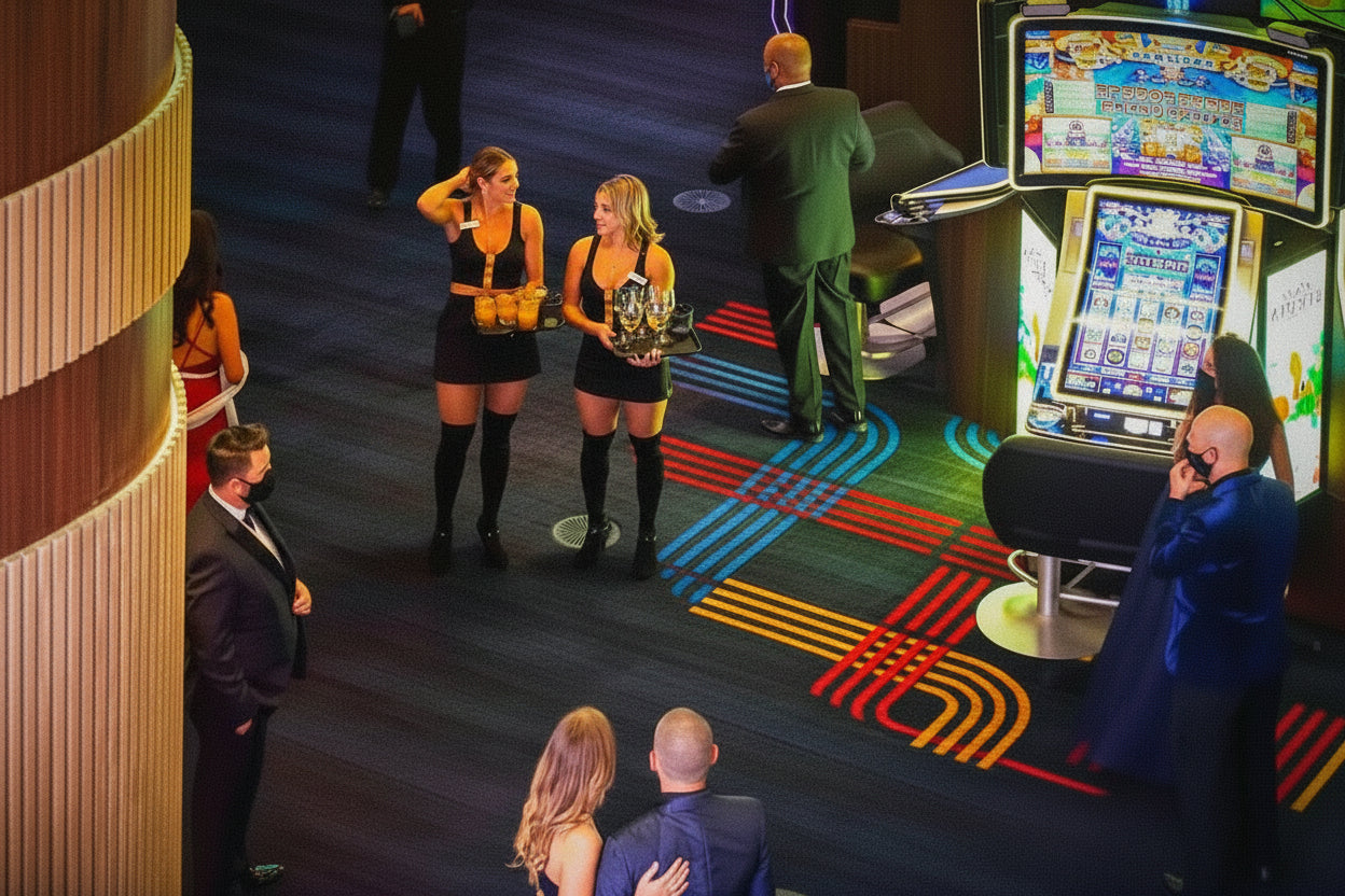 custom cocktail server uniforms for casino and bars. Uniform programs that are for all sizes. Black satin with trims and durable fabrics and trims