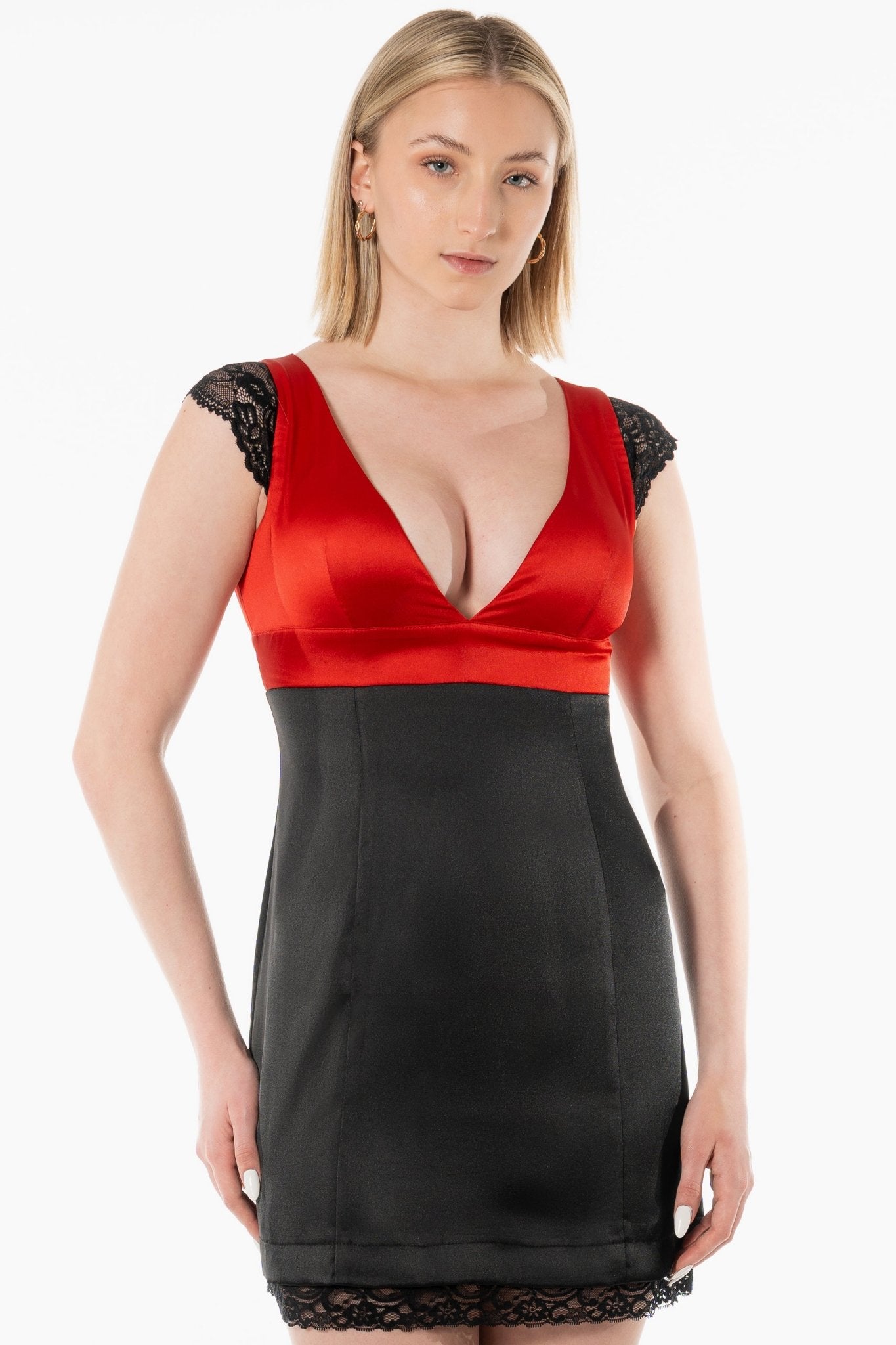 MIA Cocktail Server Uniform Dress for gaming, casino, hotel, restaurants, hospitality, and resorts. A mini dress with contrast top and lace cap sleeve and hemline. - KAPTVA Apparel