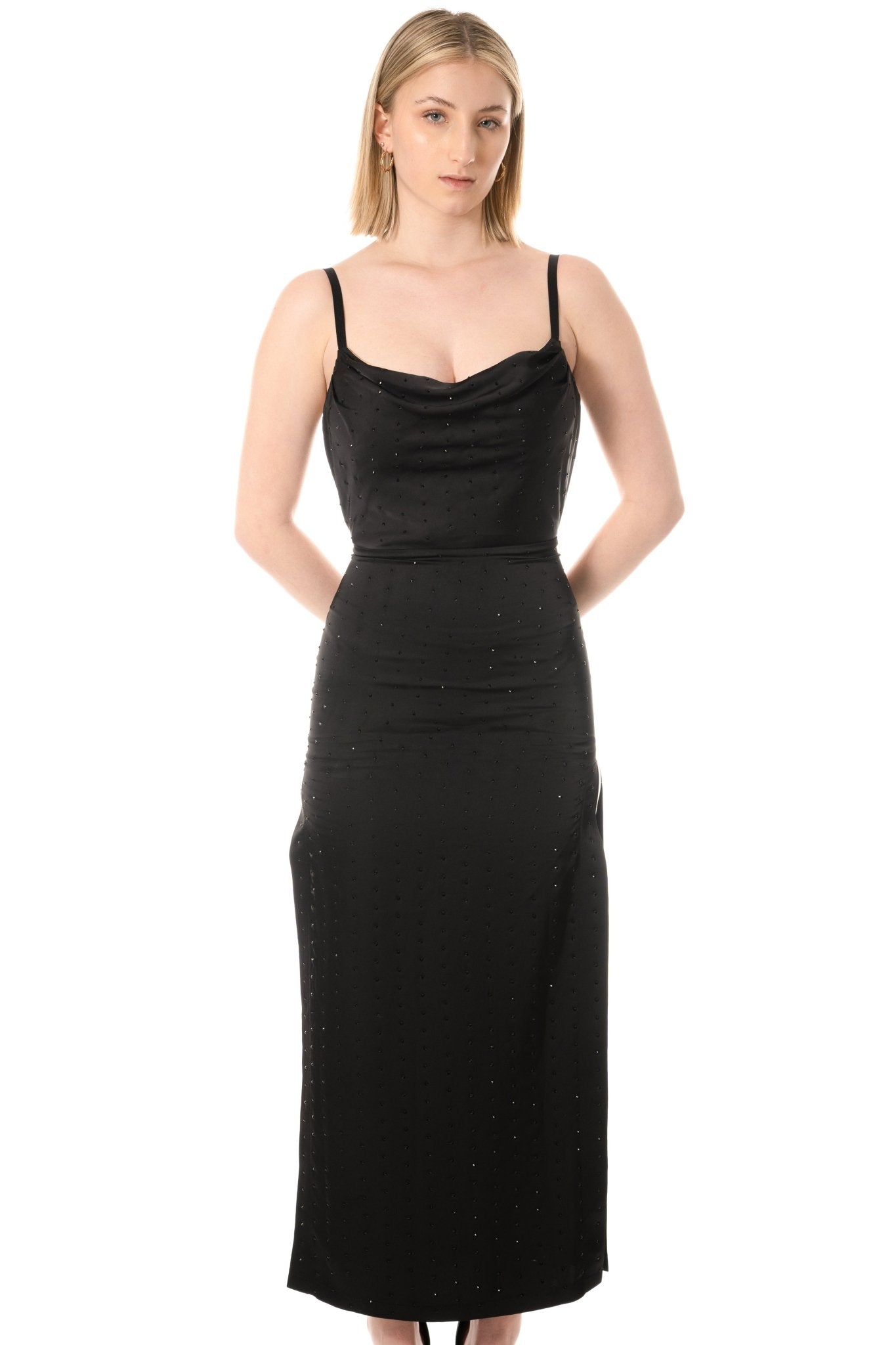 CECE Hostess Uniform Dress for gaming, casino, hospitality, hotel, restaurant, and resorts. Black satin with stones and a cowl neckline and open back. Ankle length with side slits. Hostess Uniform - KAPTVA Apparel