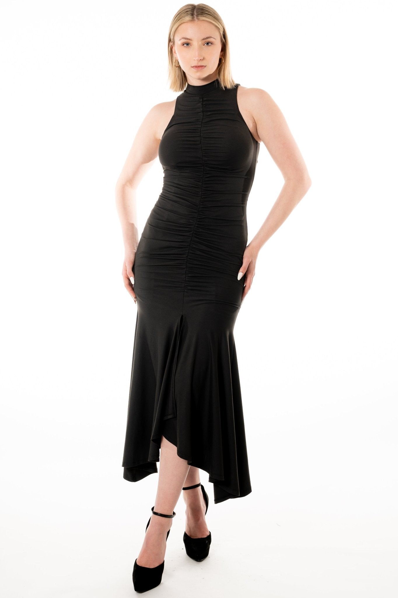 NOLA Hostess Dress Uniform for gaming, casino, hotel, restaurant, hospitality, and resorts. Ankle length shirred dress with mock neckline and gold zipper. - KAPTVA Apparel
