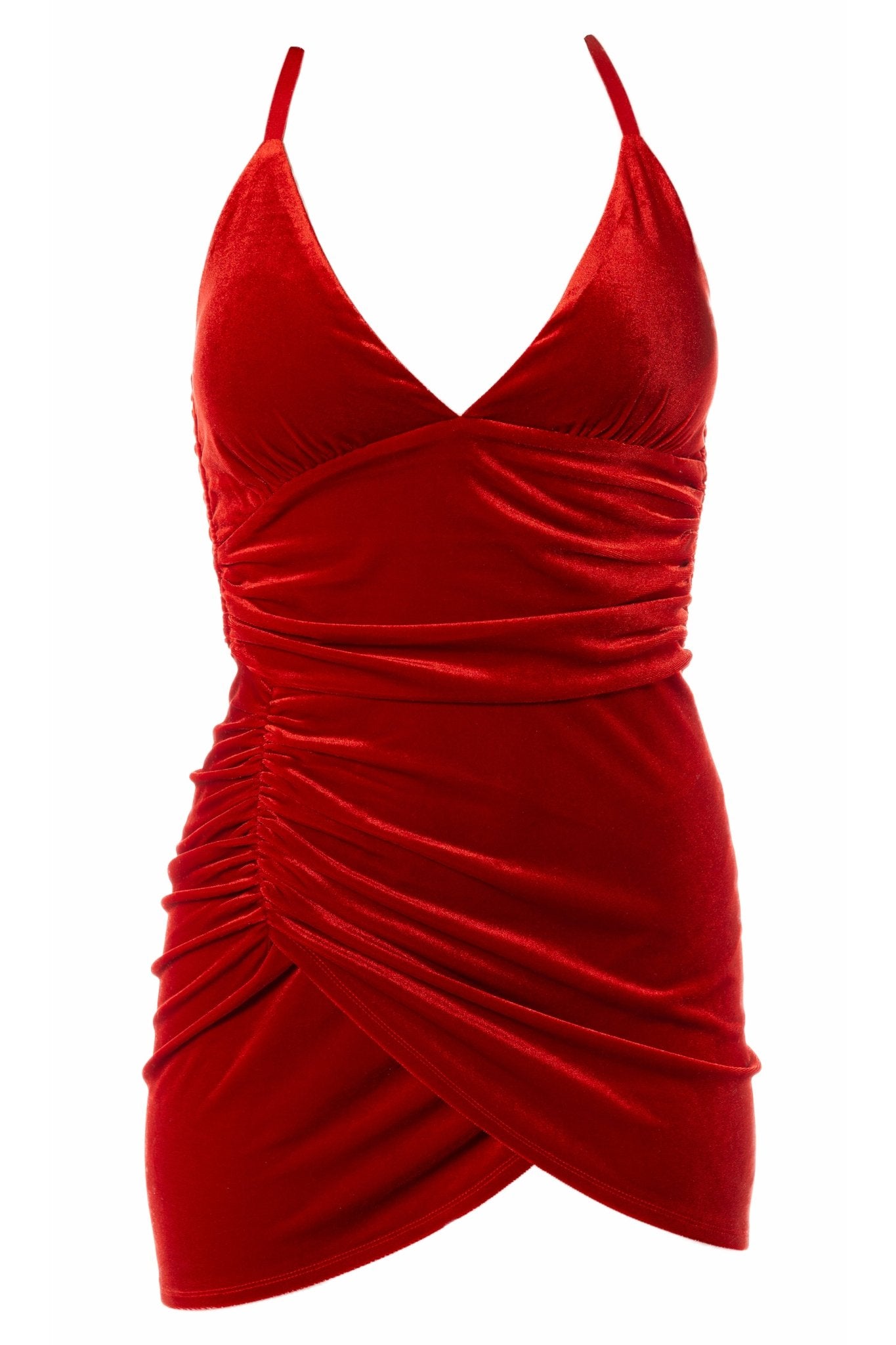 VANNA Cocktail Server Uniform Dress for gaming, casino, hotel, restaurant, hospitality, and resorts. Mini stretch velvet dress with shirring and deep v neck.- KAPTVA Apparel