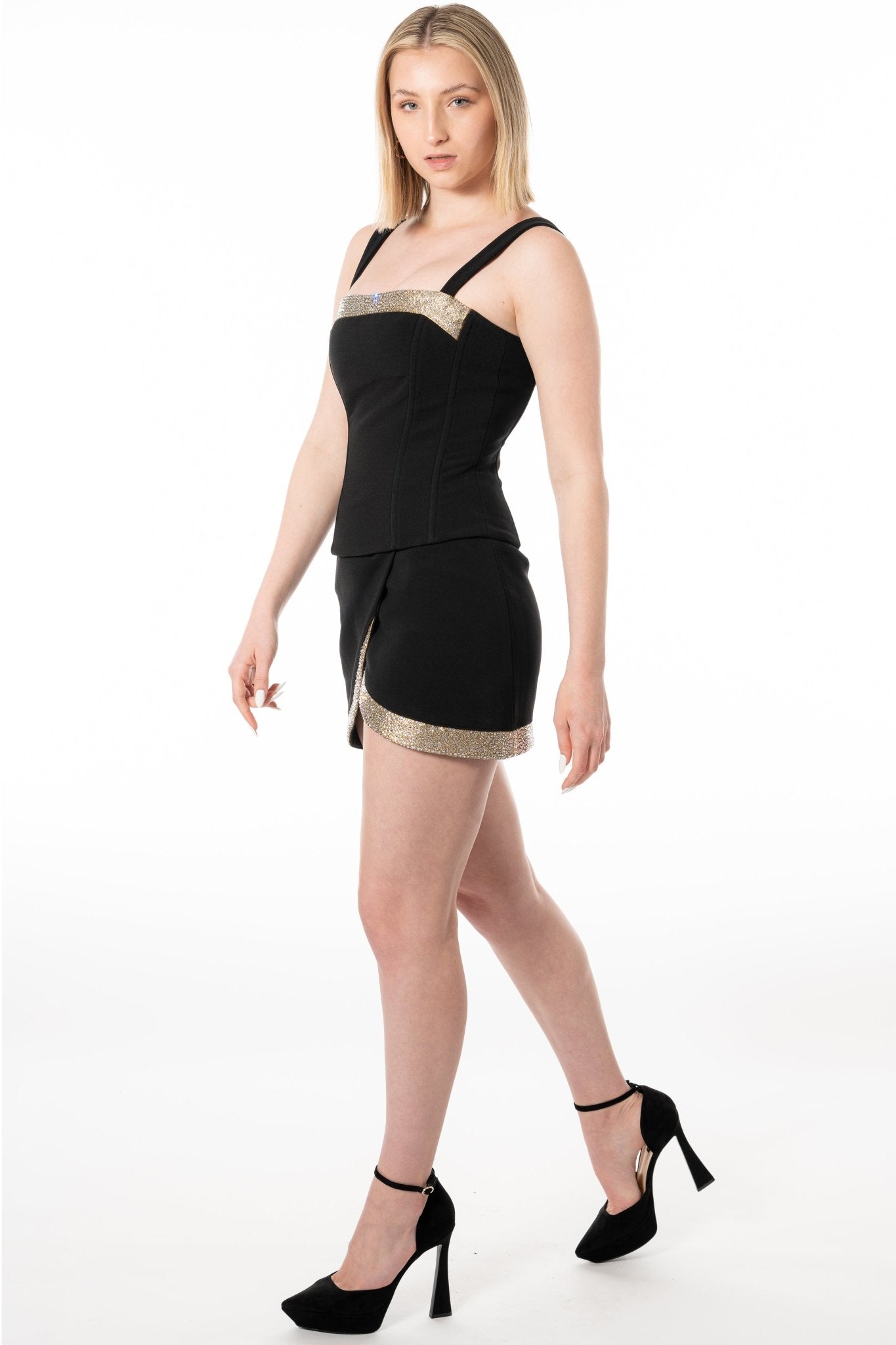 LYNN Cocktail Uniform Skirt for gaming, casino, hotel, restaurant, hospitality, and resorts. A short surplice skirt with gold brocade and crystal stone motif. - KAPTVA Apparel