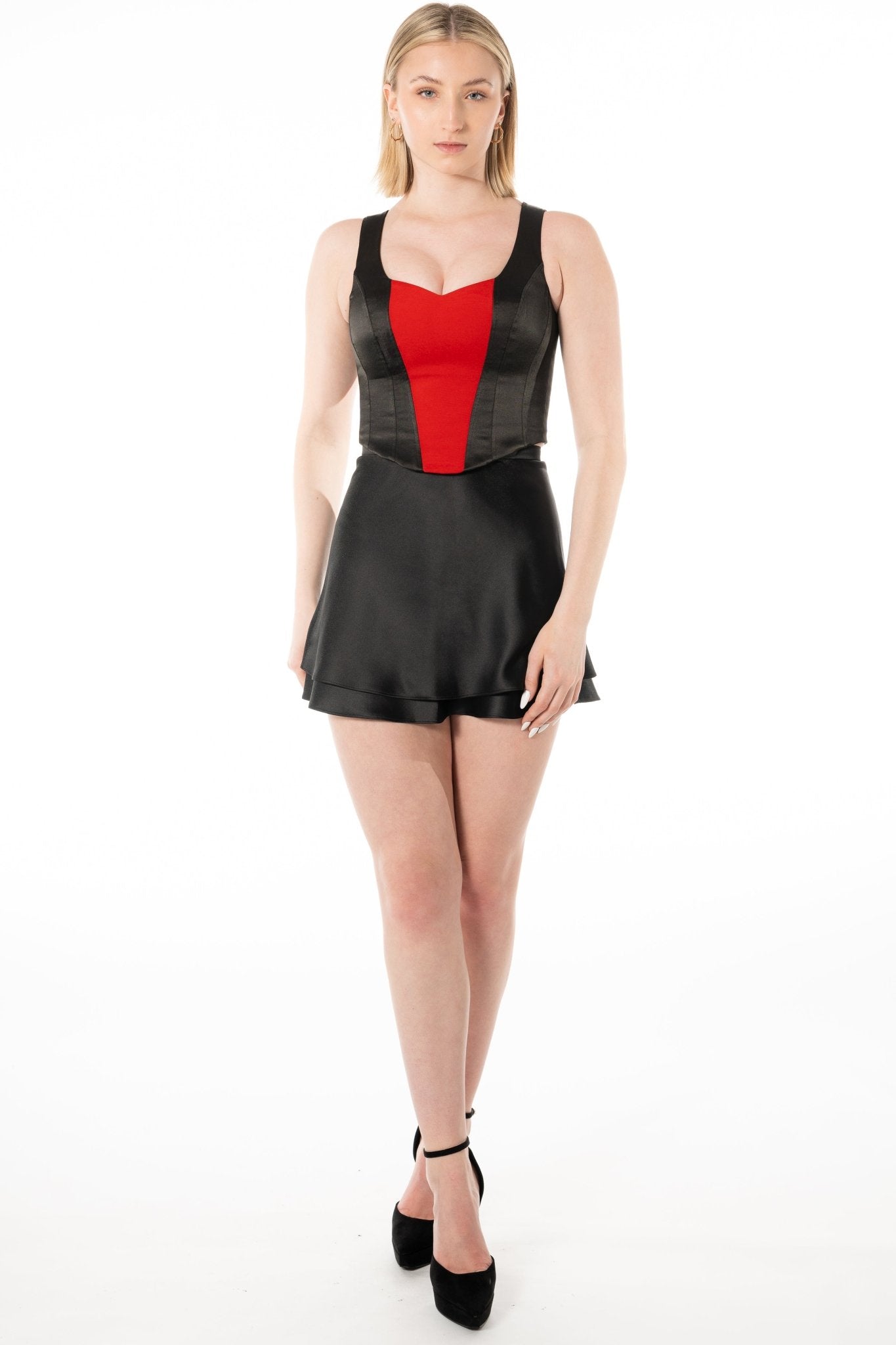 LUCY Cocktail Uniform Skirt for casino, gaming, hotel, restaurants, hospitality, and resorts. A short double layer satin skirt for cocktail server uniform. - KAPTVA Apparel