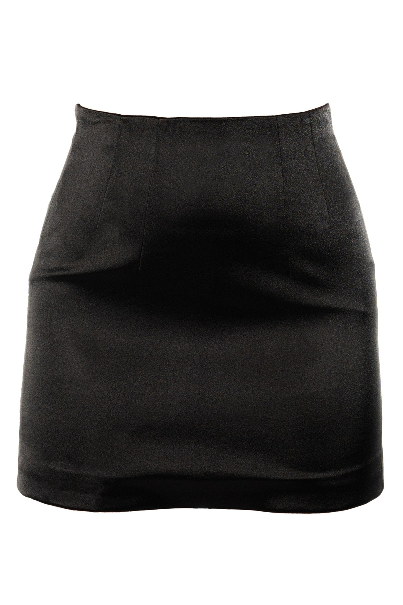 CLAIR Cocktail Skirt Uniform for gaming, casino, restaurant, hotel, hospitality, and resorts. Short satin uniform skirt with gold zipper detail.- KAPTVA Apparel