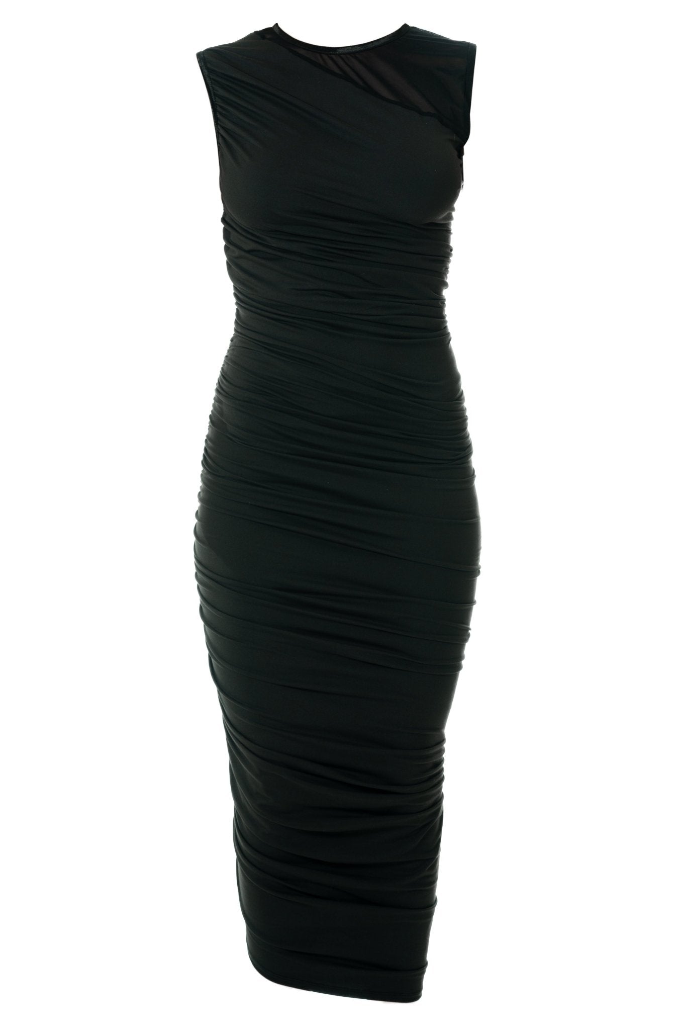 LINDA Hostess Uniform Dress for gaming, casino, hotel, restaurants, hospitality, and resorts. Knee length fitted dress with side shirring and mesh yoke details. - KAPTVA Apparel