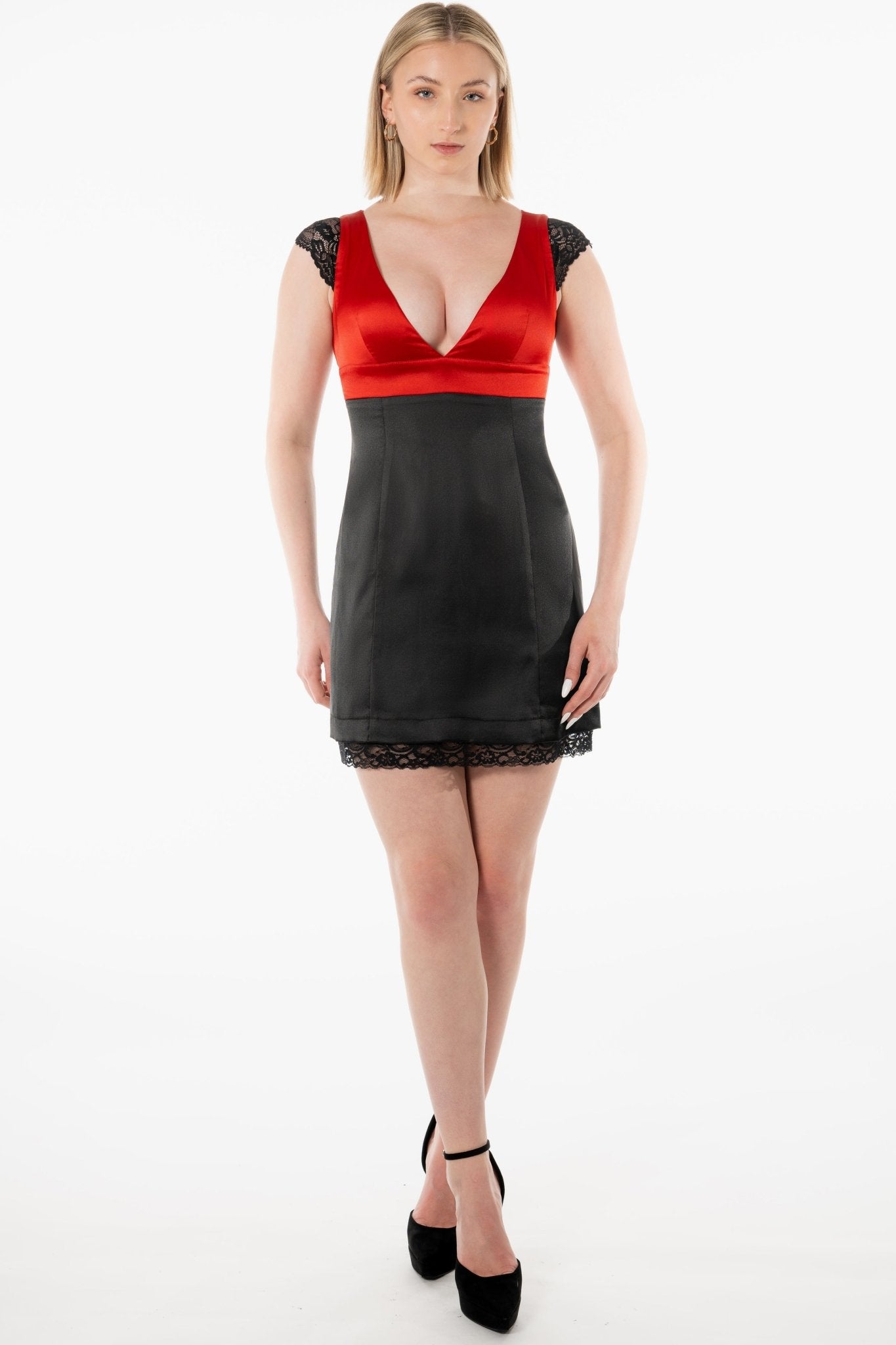 MIA Cocktail Server Uniform Dress for gaming, casino, hotel, restaurants, hospitality, and resorts. A mini dress with contrast top and lace cap sleeve and hemline. - KAPTVA Apparel