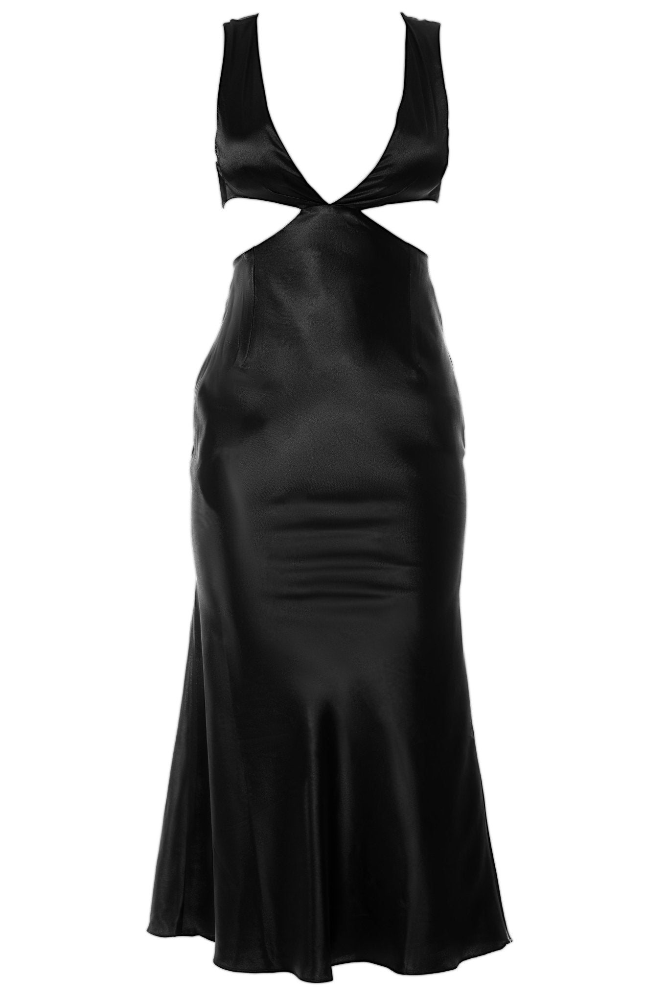 KERI Hostess Uniform Dress for gaming, casino, hotel, restaurants, hospitality, and resorts. Ankle length satin dress with cut out and low v neck line. - KAPTVA Apparel