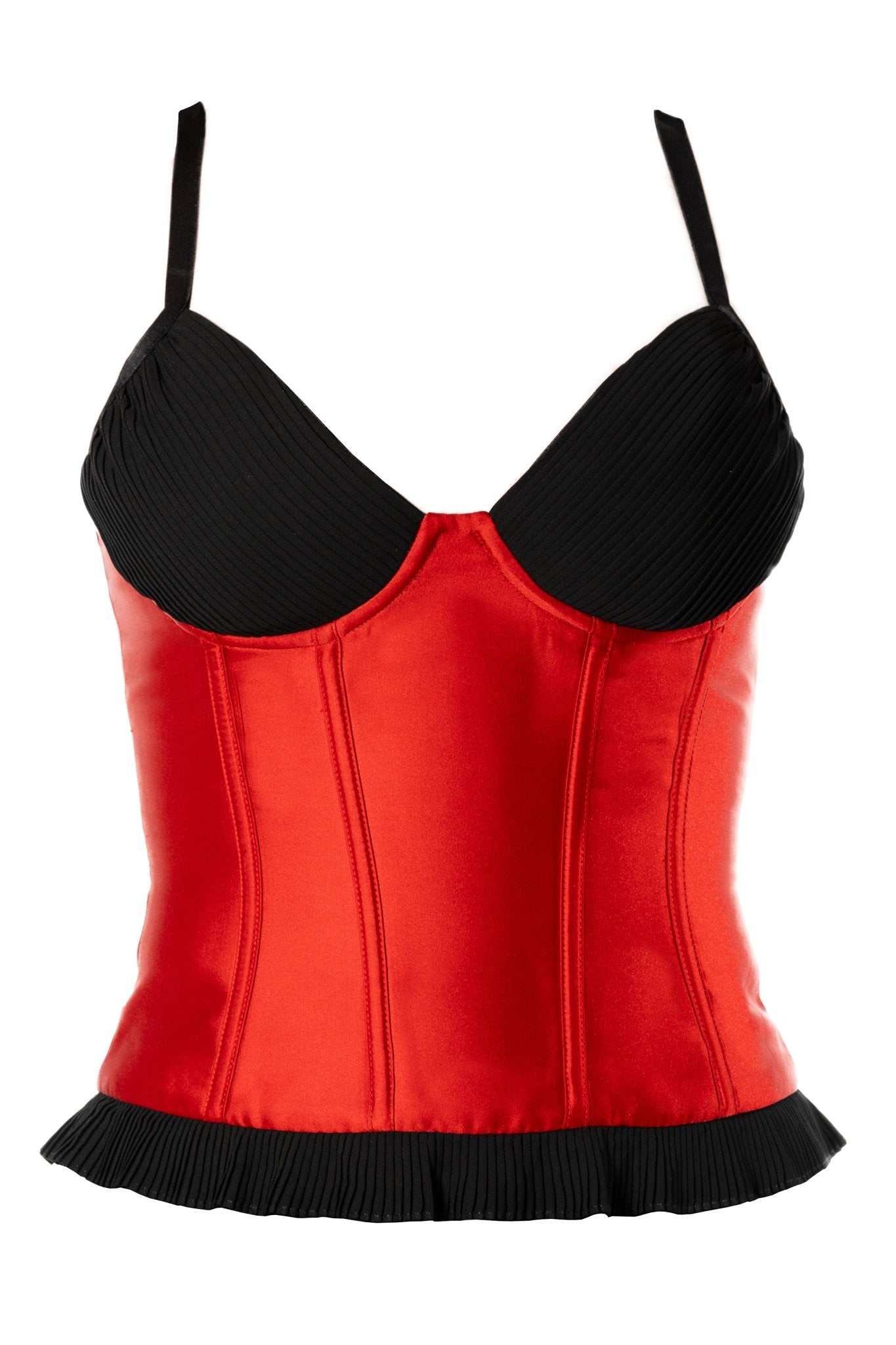 POLY Bustier Corset Uniform Top for cocktail server, hostess, or bartender in the gaming, casino, hotel, restaurant, hospitality, and resort industry. Corset uniform top with satin body with mini-pleated bra and hem. - KAPTVA Apparel