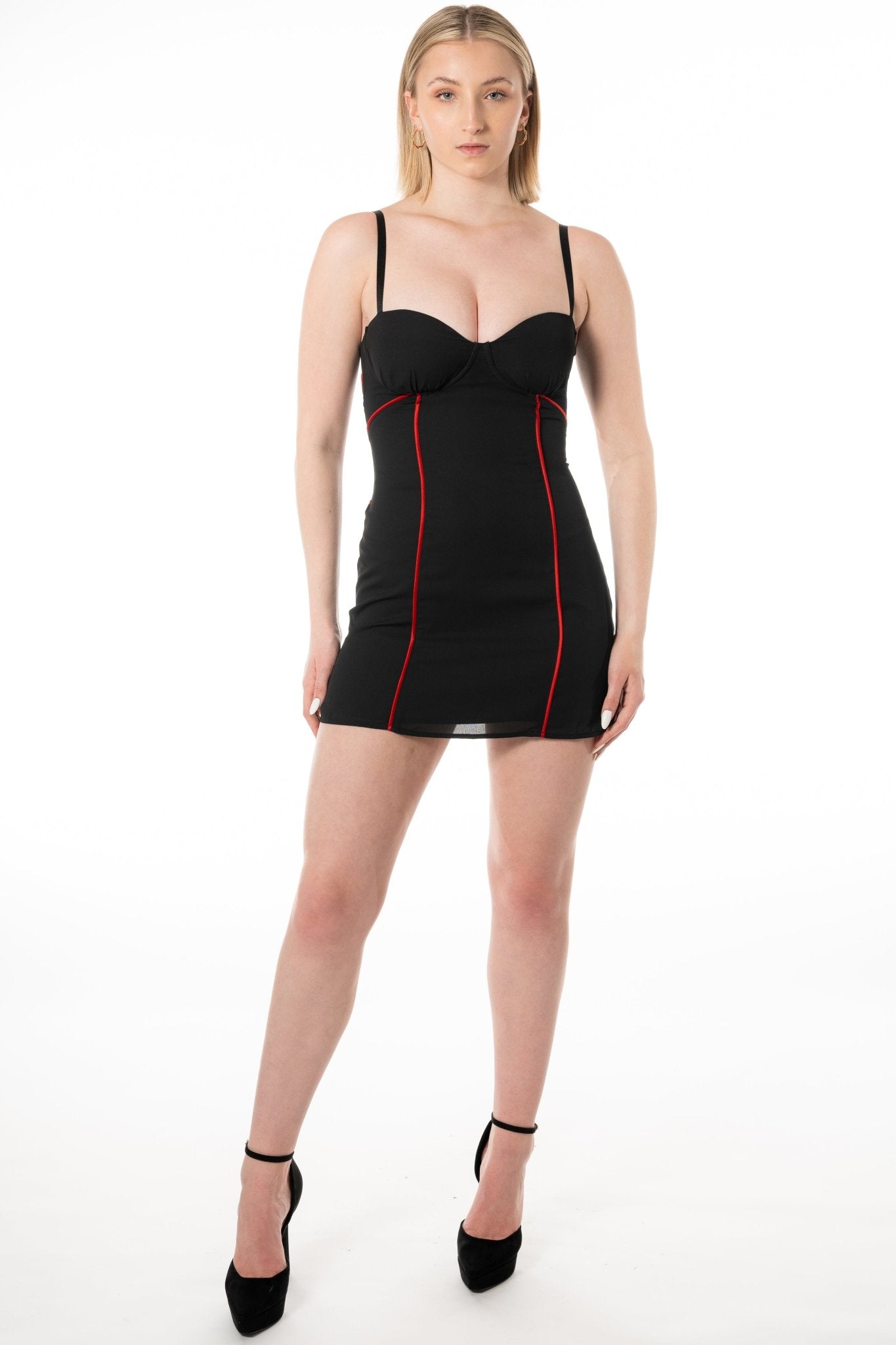 THEA Cocktail Server Uniform Dress for gaming, casino, hotel, restaurants, hospitality, and resorts. Mini dress with contrast satin piping and corset top. - KAPTVA Apparel