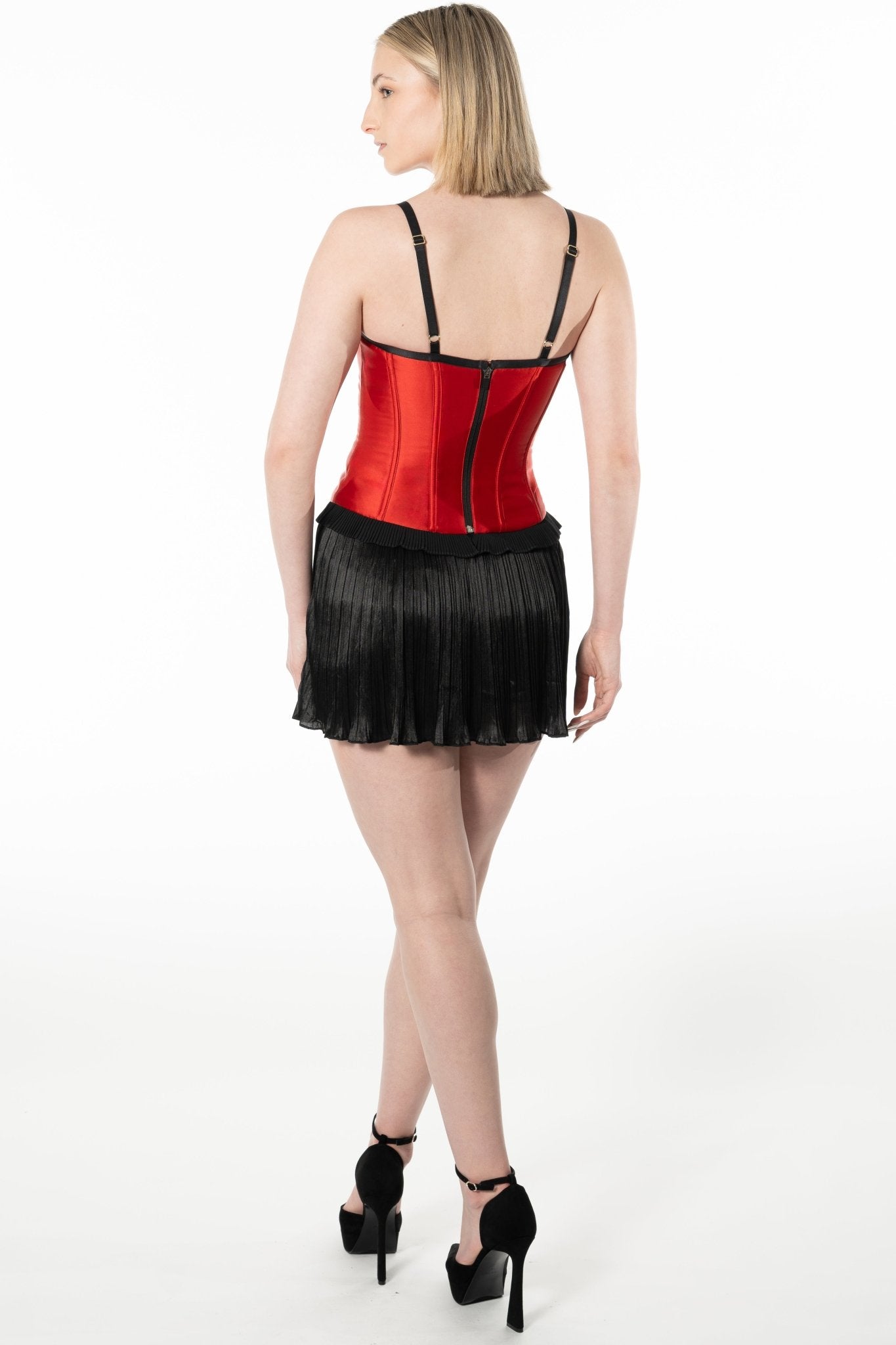 ELENA Cocktail Uniform Skirt for gaming, casino, restaurants, hotel, hospitality, and resorts. Short satin pleated uniform skirt with built in shorts and elastic waist. - KAPTVA Apparel