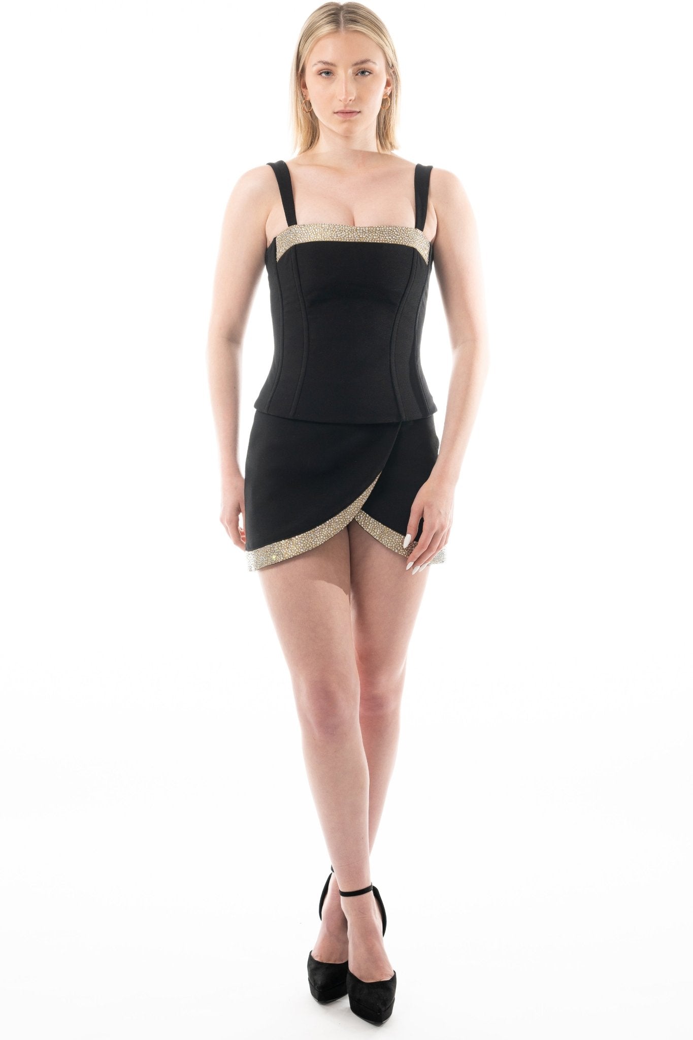 LYNN Cocktail Uniform Skirt for gaming, casino, hotel, restaurant, hospitality, and resorts. A short surplice skirt with gold brocade and crystal stone motif. - KAPTVA Apparel