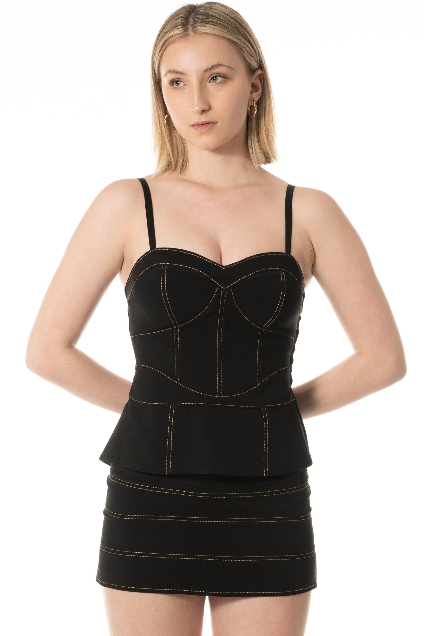 TORI Bustier Corset Uniform Top for gaming, casino, hotel, restaurants, hospitality, and resorts. Black corset uniform with gold top stitch details and built in support. - KAPTVA Apparel