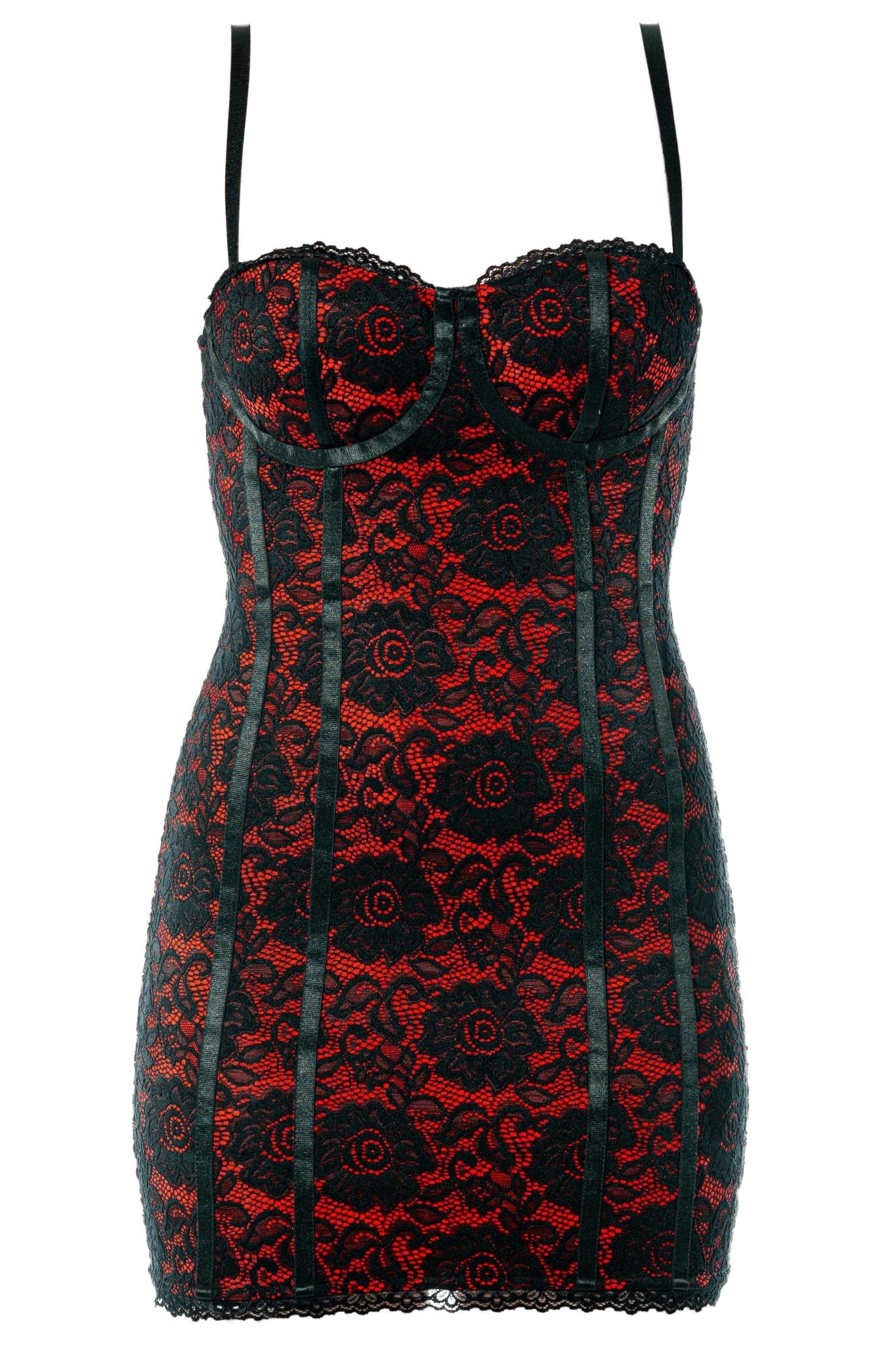SARA Cocktail Server Uniform Dress for gaming, casino, hotel, restaurants, hospitality, and resorts. Lace corset mini dress with contrast lining. - KAPTVA Apparel