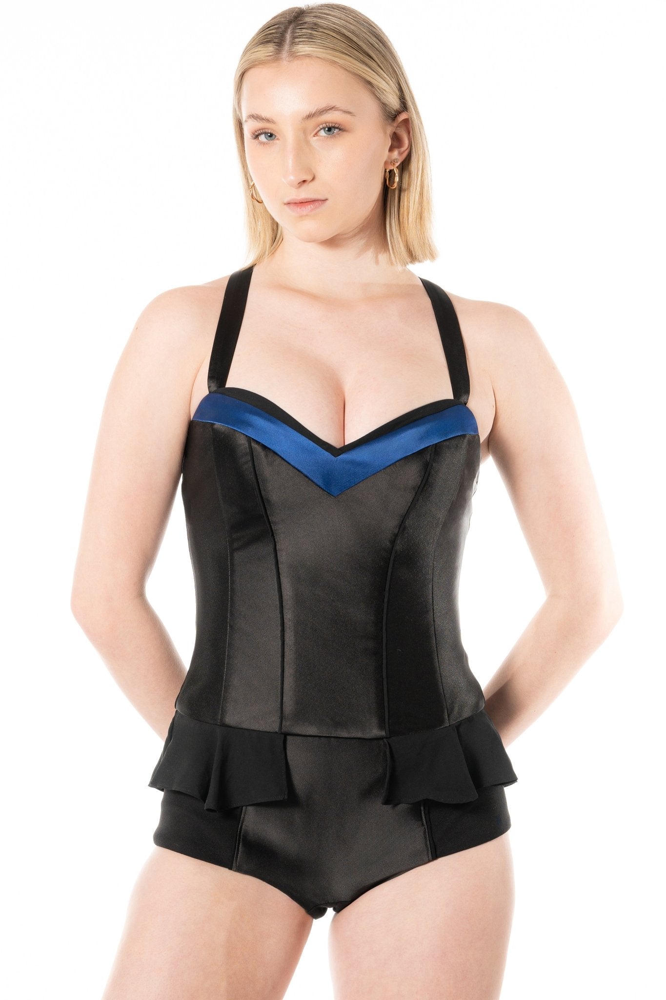 NINA Bustier Corset Uniform Top for casino, gaming, hotel, restaurants, hospitality, and resorts. Corset uniform in satin with contrast frame and georgette peplum hem detail. - KAPTVA Apparel