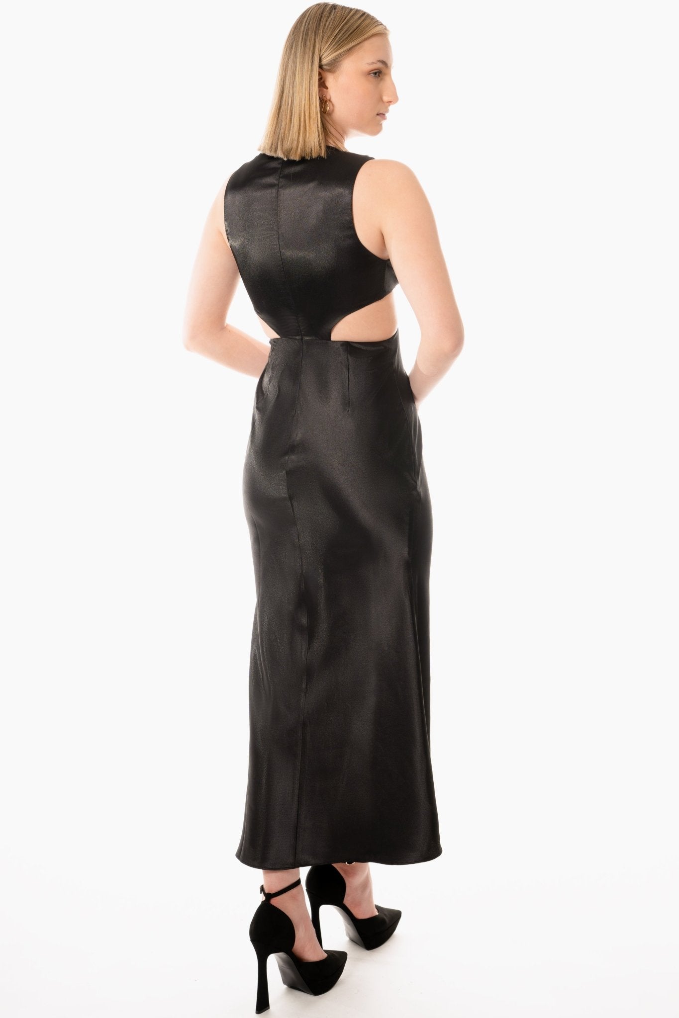 KERI Hostess Uniform Dress for gaming, casino, hotel, restaurants, hospitality, and resorts. Ankle length satin dress with cut out and low v neck line. - KAPTVA Apparel