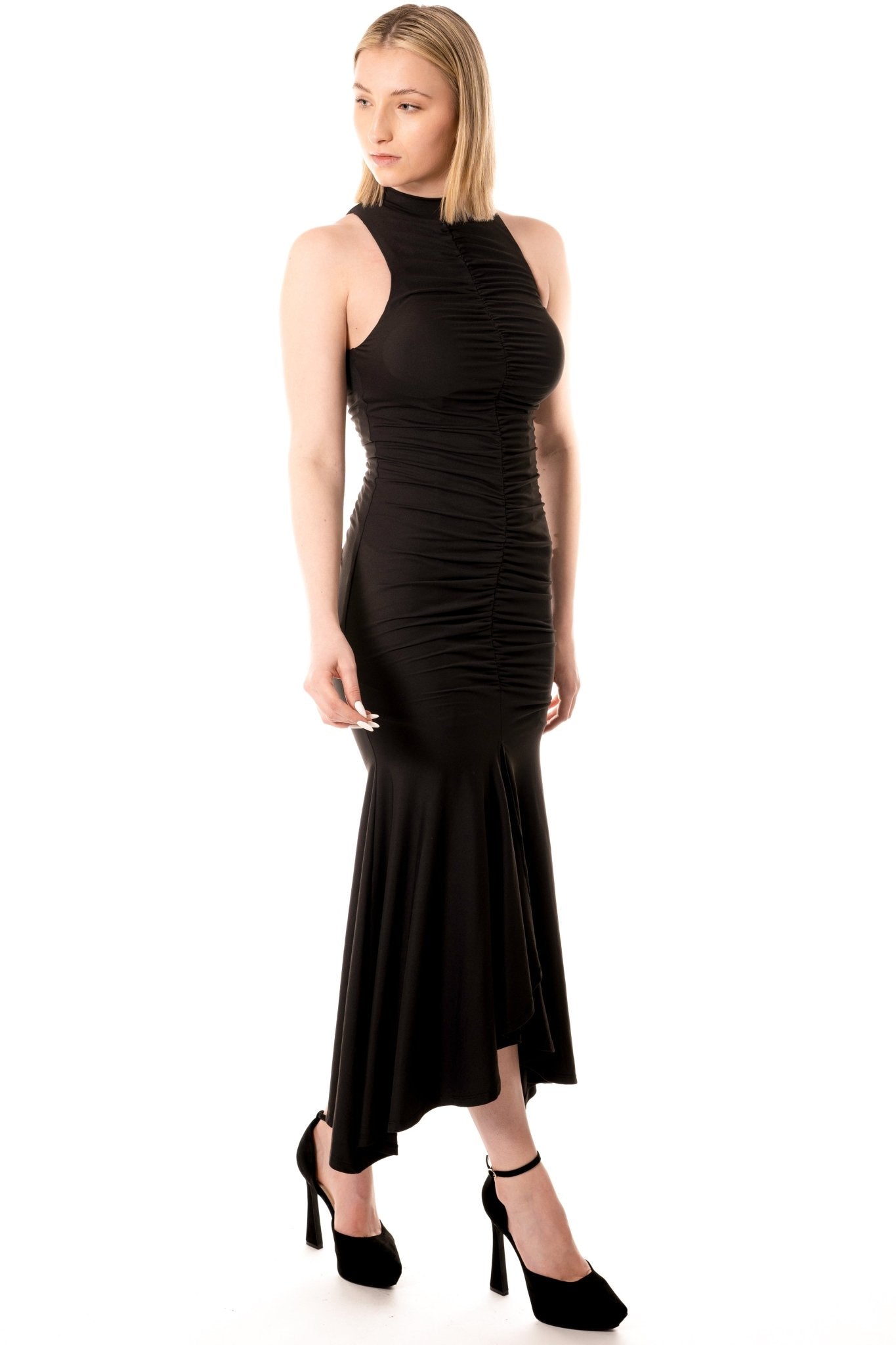 NOLA Hostess Dress Uniform for gaming, casino, hotel, restaurant, hospitality, and resorts. Ankle length shirred dress with mock neckline and gold zipper. - KAPTVA Apparel