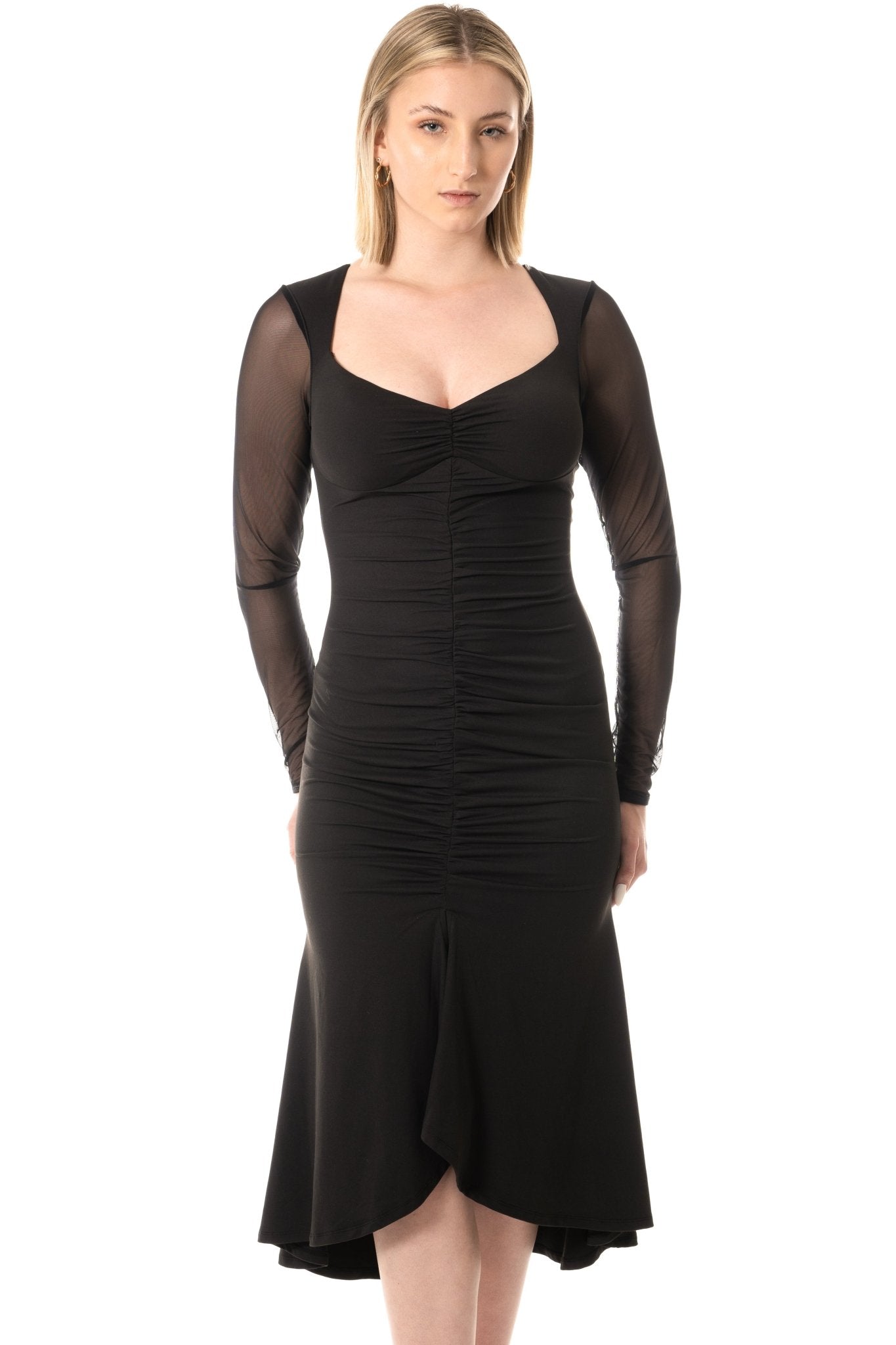 LOUISA Hostess Uniform Dress for gaming, casino, hospitality, hotel, restaurants, and resorts. Black stretch knee length uniform dress with shirring and mesh sleeves and sweetheart neckline. - KAPTVA Apparel