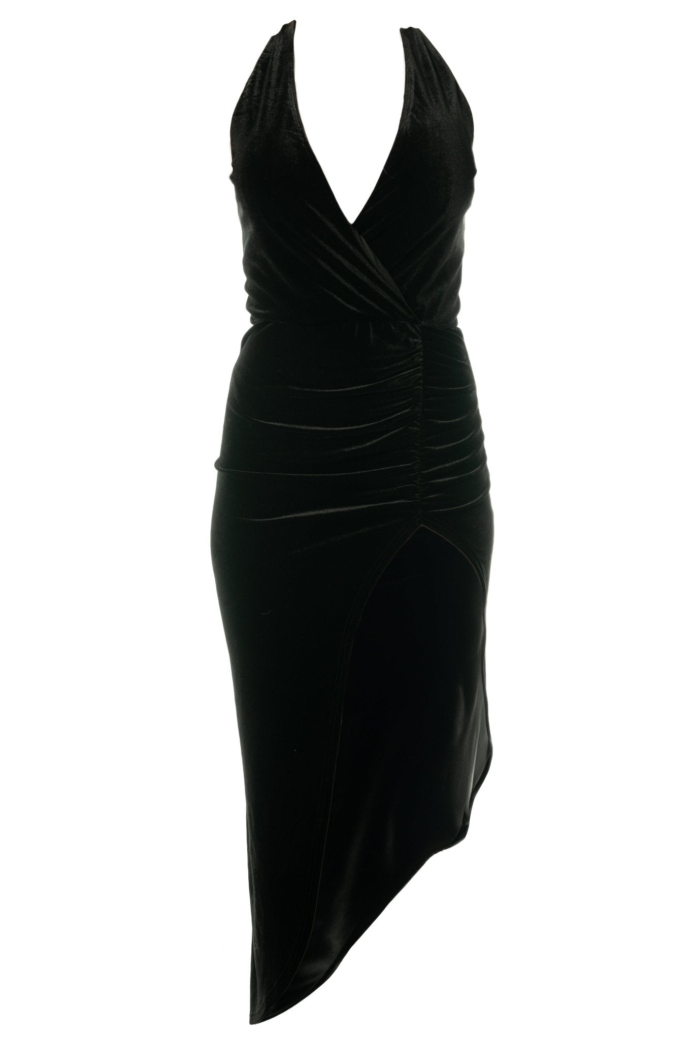 RAYA Hostess Dress Uniform for hostess in gaming, casino, hotel, restaurants, hospitality, and resorts. Ankle length stretch velvet hostess dress with shirring and racer back. - KAPTVA Apparel