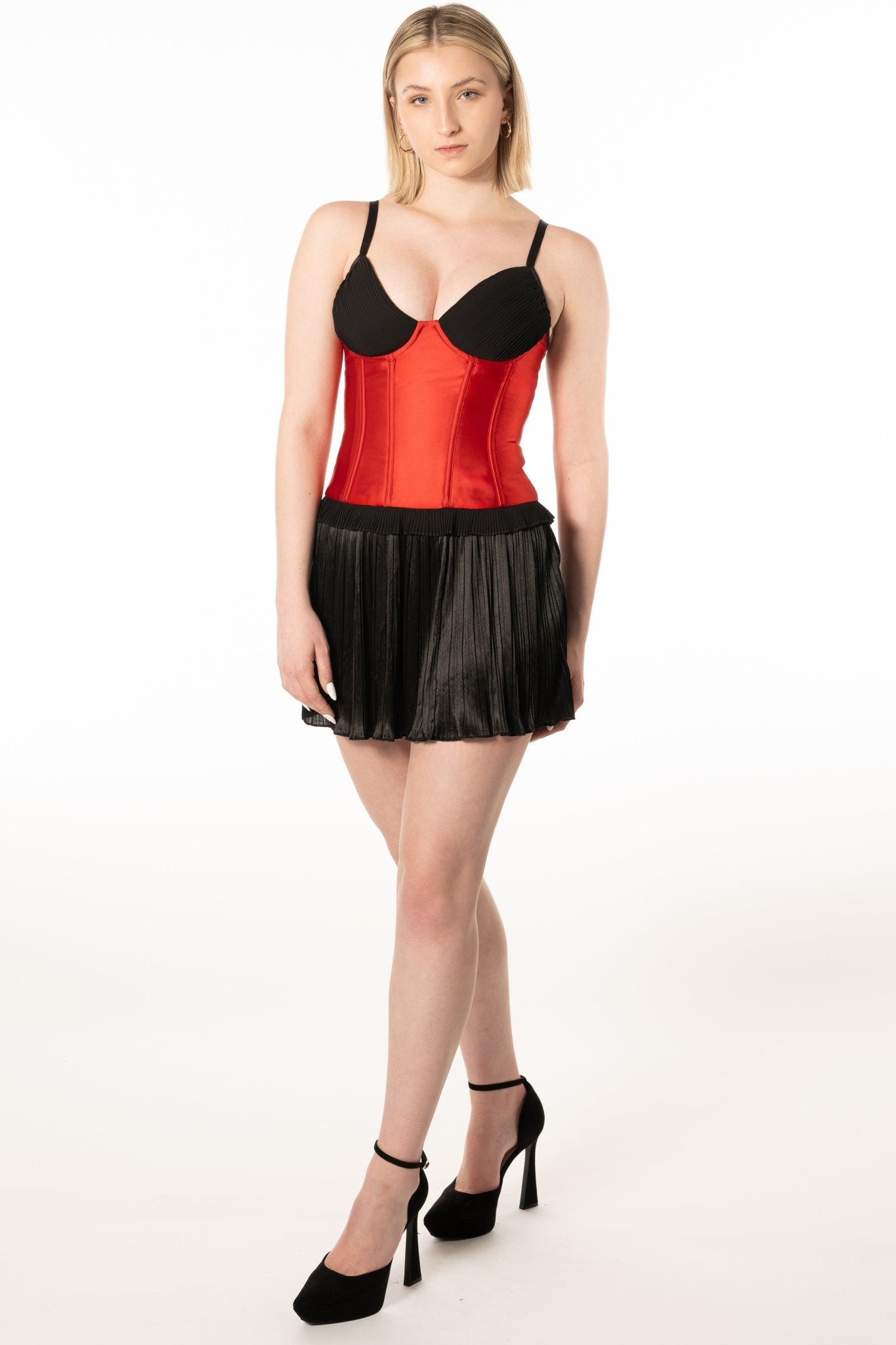 ELENA Cocktail Uniform Skirt for gaming, casino, restaurants, hotel, hospitality, and resorts. Short satin pleated uniform skirt with built in shorts and elastic waist. - KAPTVA Apparel