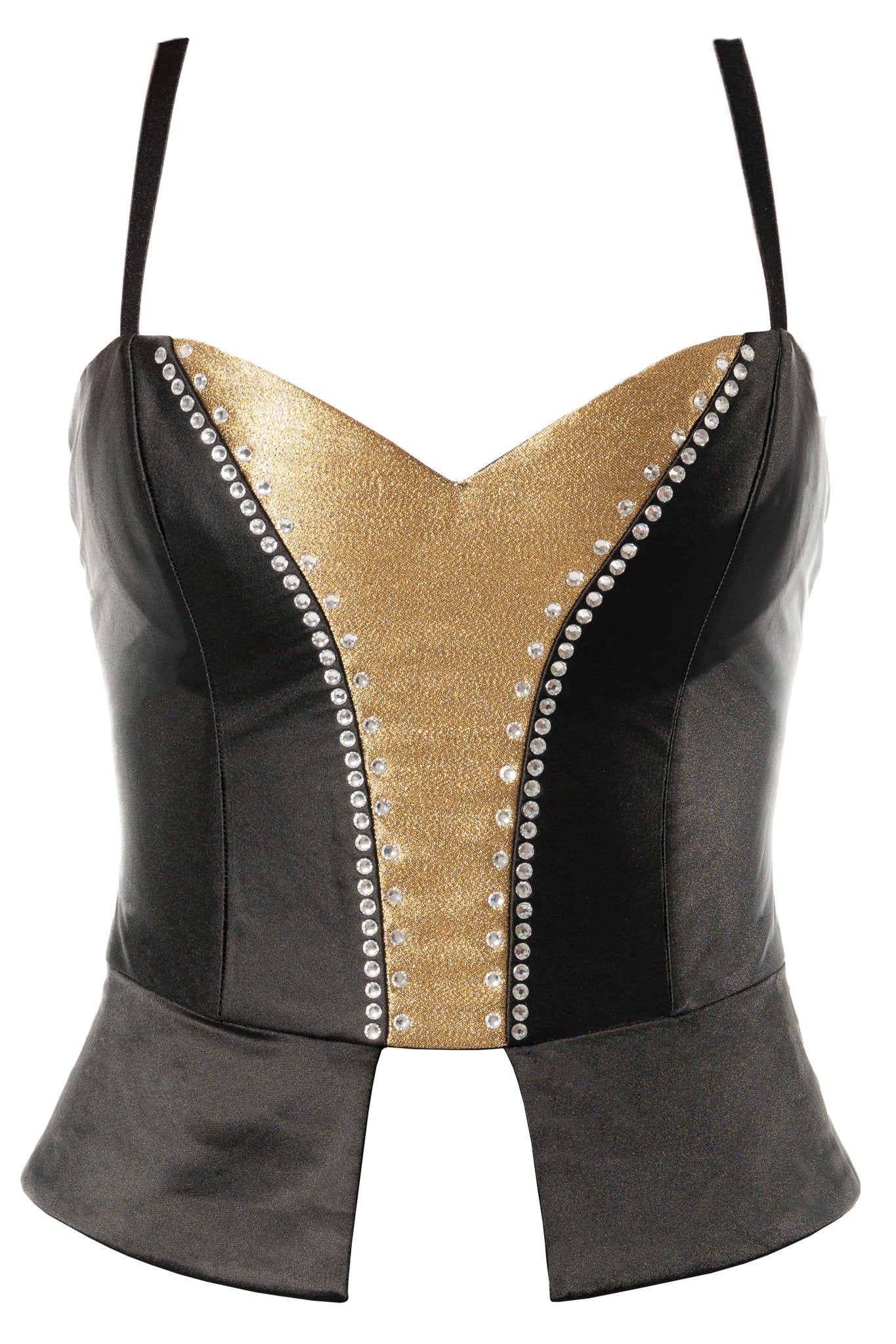 GENNY Bustier Corset Uniform Top for gaming, casino, hotel, restaurants, hospitality, and resorts. Black satin uniform top with gold center panel with crystal stone accents with peplum hem details. - KAPTVA Apparel