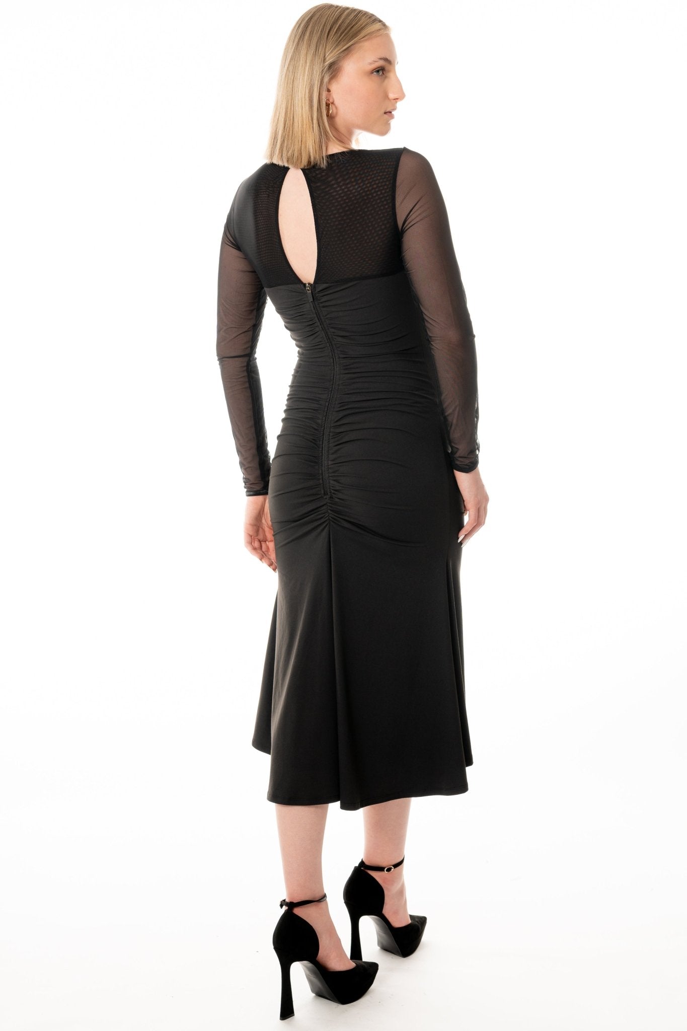 LOUISA Hostess Uniform Dress for gaming, casino, hospitality, hotel, restaurants, and resorts. Black stretch knee length uniform dress with shirring and mesh sleeves and sweetheart neckline. - KAPTVA Apparel