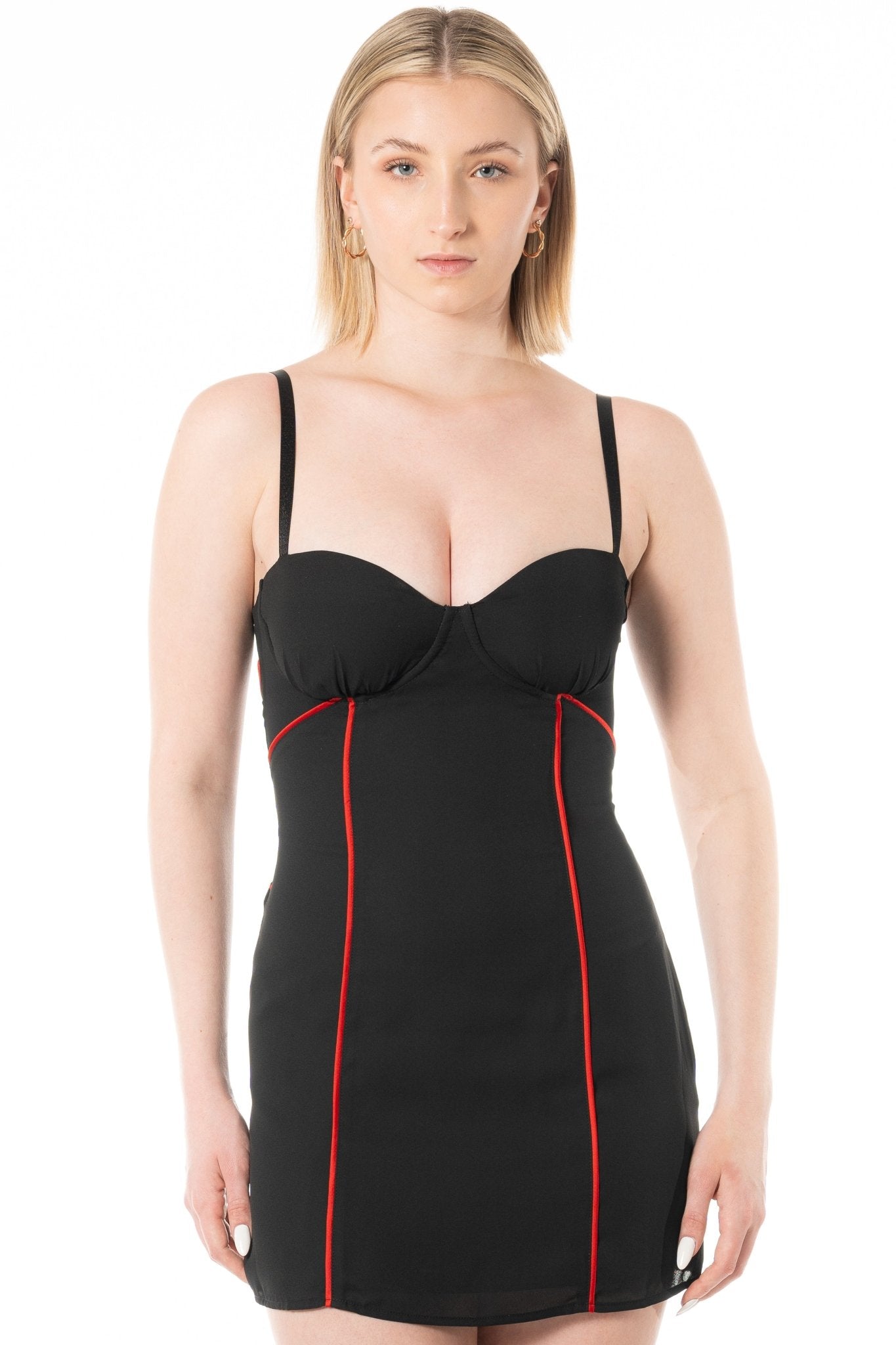 THEA Cocktail Server Uniform Dress for gaming, casino, hotel, restaurants, hospitality, and resorts. Mini dress with contrast satin piping and corset top. - KAPTVA Apparel