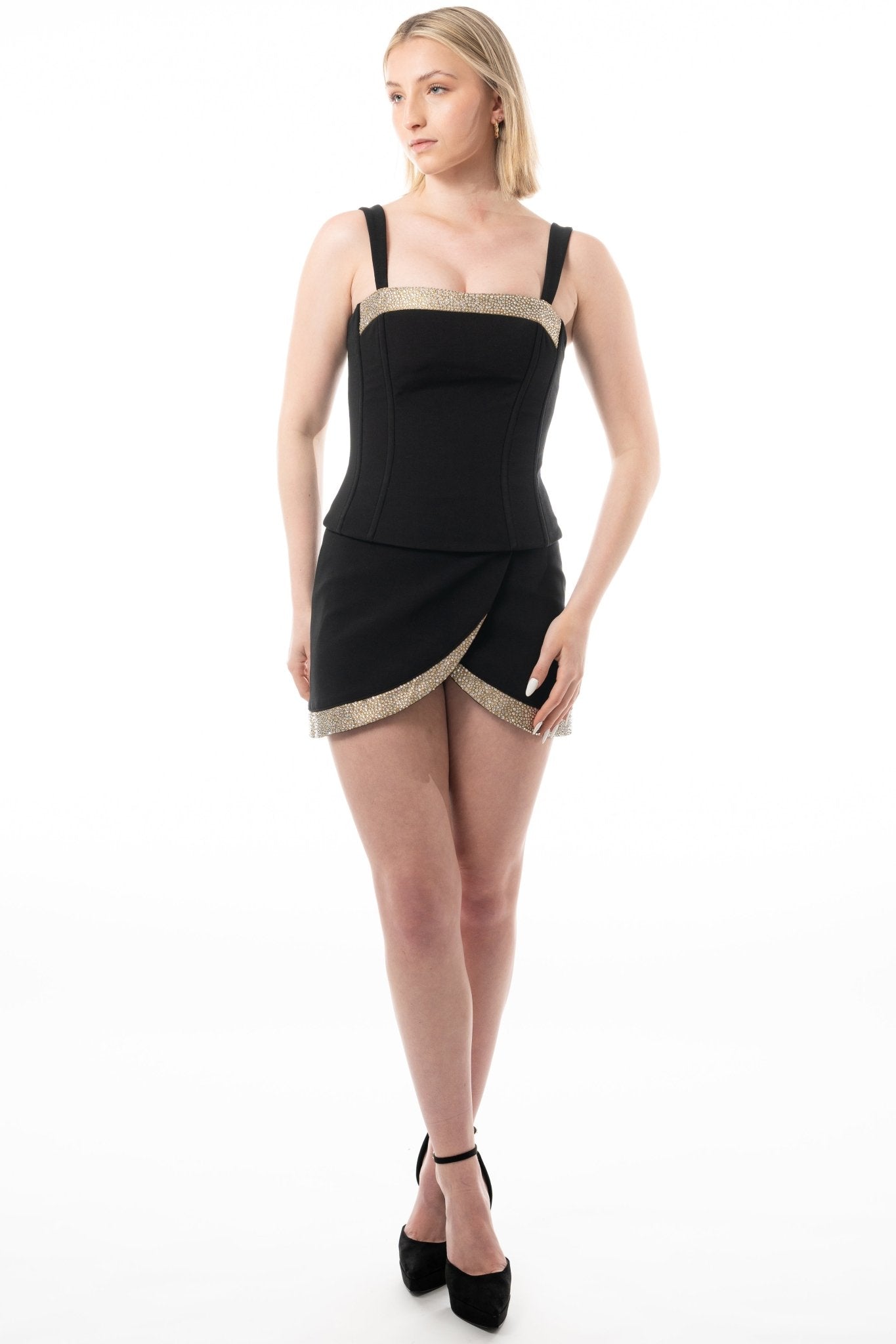 EVIE Bustier Uniform Top for gaming, casino, hotel, restaurants, hospitality, and resorts. Black corset uniform with gold brocade and crystal stone accents. Fully lines with boning.- KAPTVA Apparel