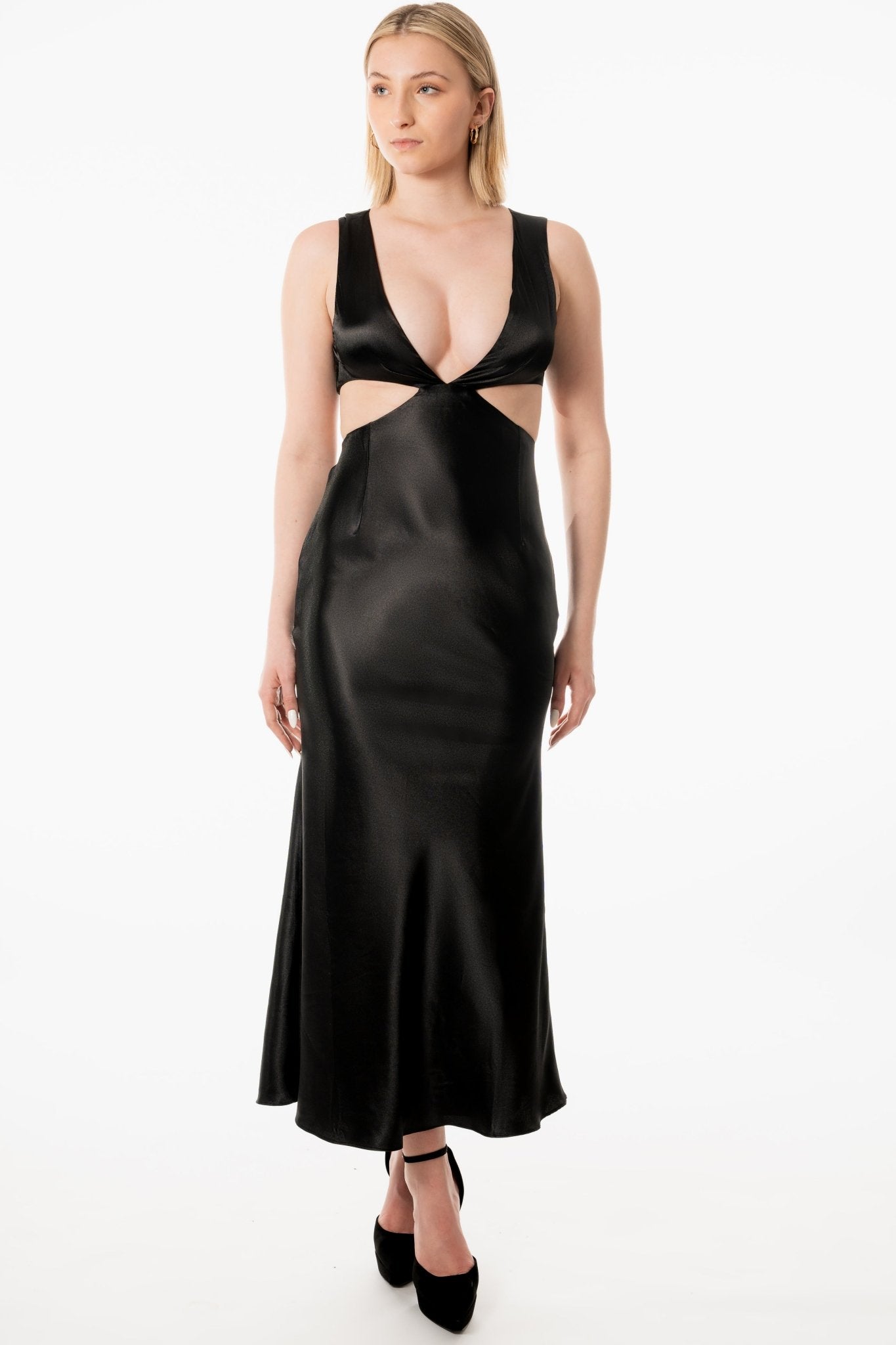 KERI Hostess Uniform Dress for gaming, casino, hotel, restaurants, hospitality, and resorts. Ankle length satin dress with cut out and low v neck line. - KAPTVA Apparel