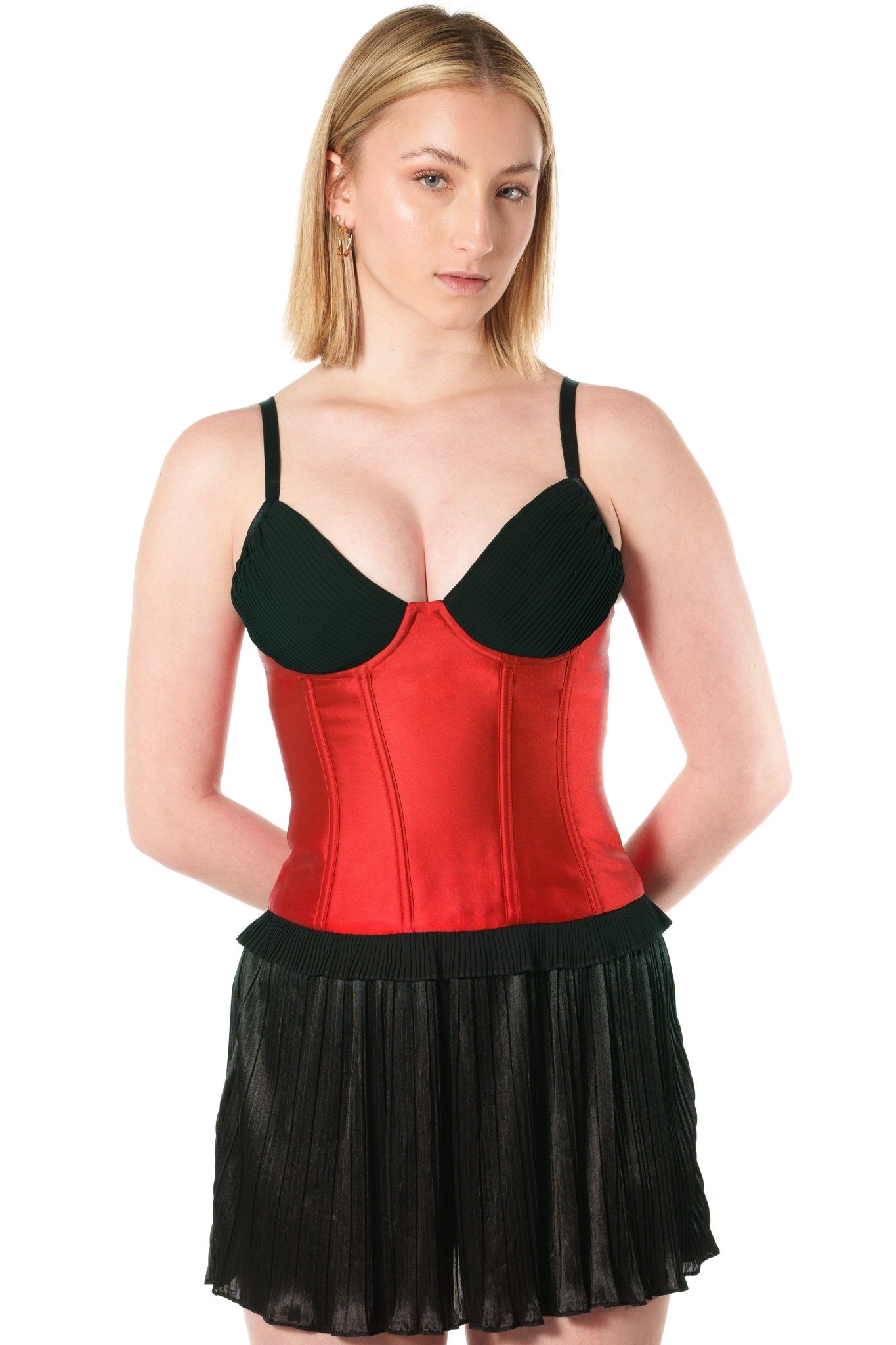 POLY Bustier Corset Uniform Top for cocktail server, hostess, or bartender in the gaming, casino, hotel, restaurant, hospitality, and resort industry. Corset uniform top with satin body with mini-pleated bra and hem. - KAPTVA Apparel