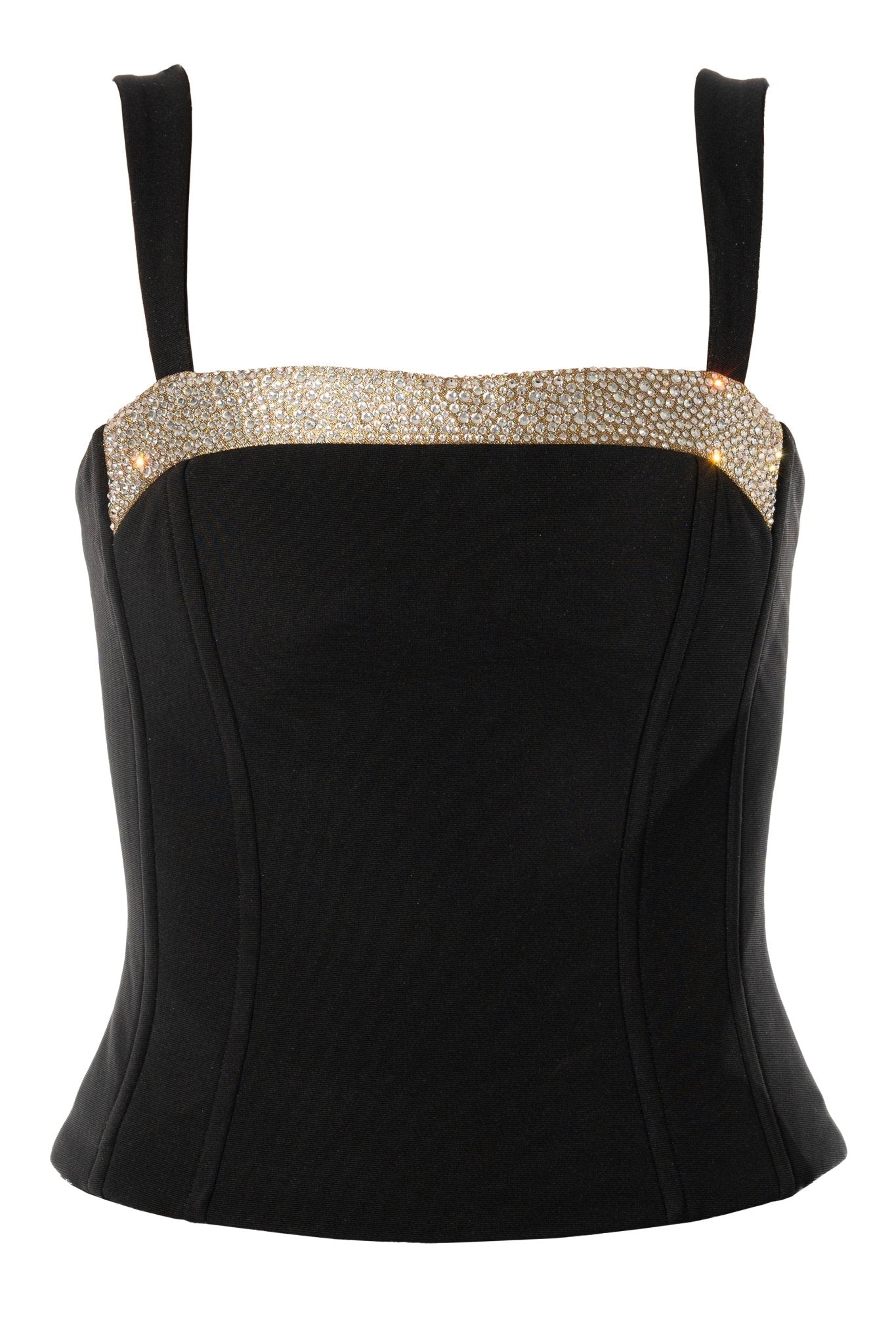EVIE Bustier Uniform Top for gaming, casino, hotel, restaurants, hospitality, and resorts. Black corset uniform with gold brocade and crystal stone accents. Fully lines with boning.- KAPTVA Apparel