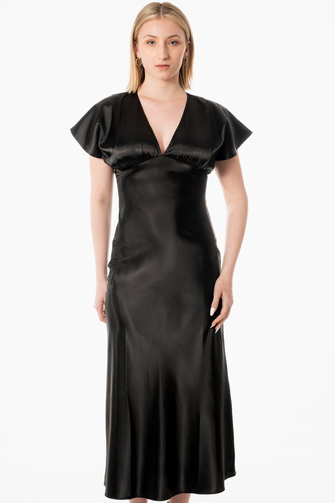 DIANA Hostess Dress Uniform for gaming, casino, hotel, restaurant, hospitality, and resorts. Satin black dress with short sleeves and bias skirt to the ankle. - KAPTVA Apparel