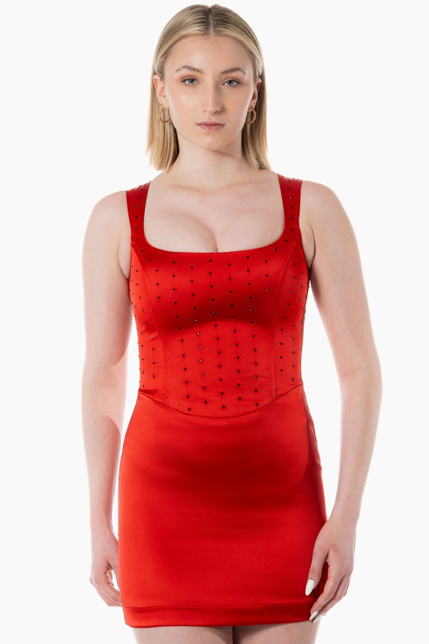 STACY Cocktail Server Uniform Dress for gaming, casino, hotel, restaurants, hospitality, and resorts. Mini corset dress in stretch satin and black stone motif design. - KAPTVA Apparel