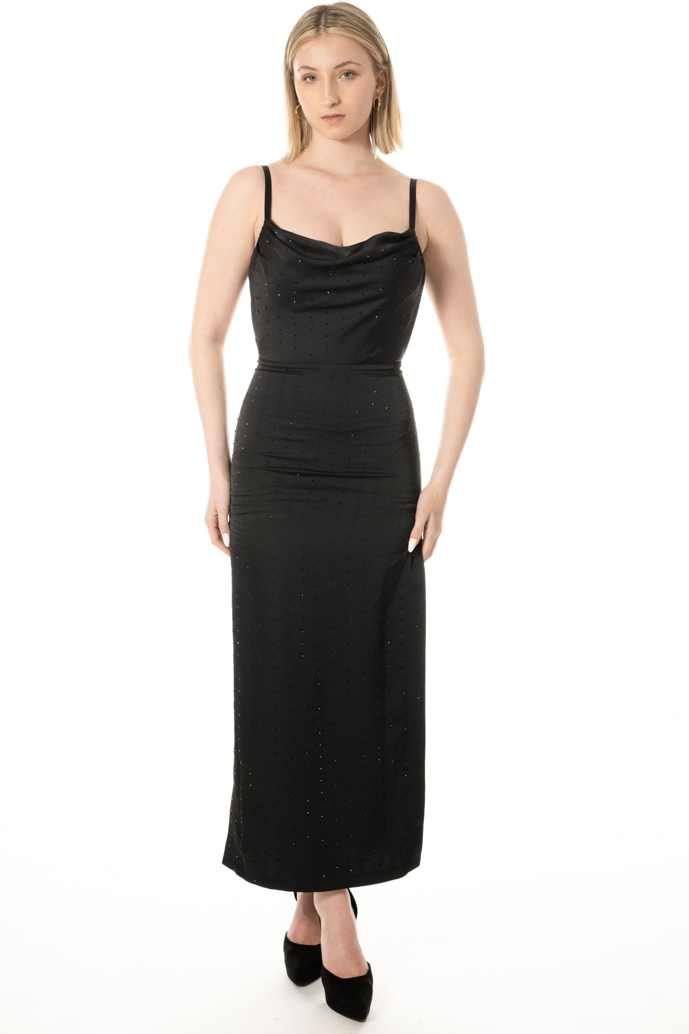 CECE Hostess Uniform Dress for gaming, casino, hospitality, hotel, restaurant, and resorts. Black satin with stones and a cowl neckline and open back. Ankle length with side slits. Hostess Uniform - KAPTVA Apparel
