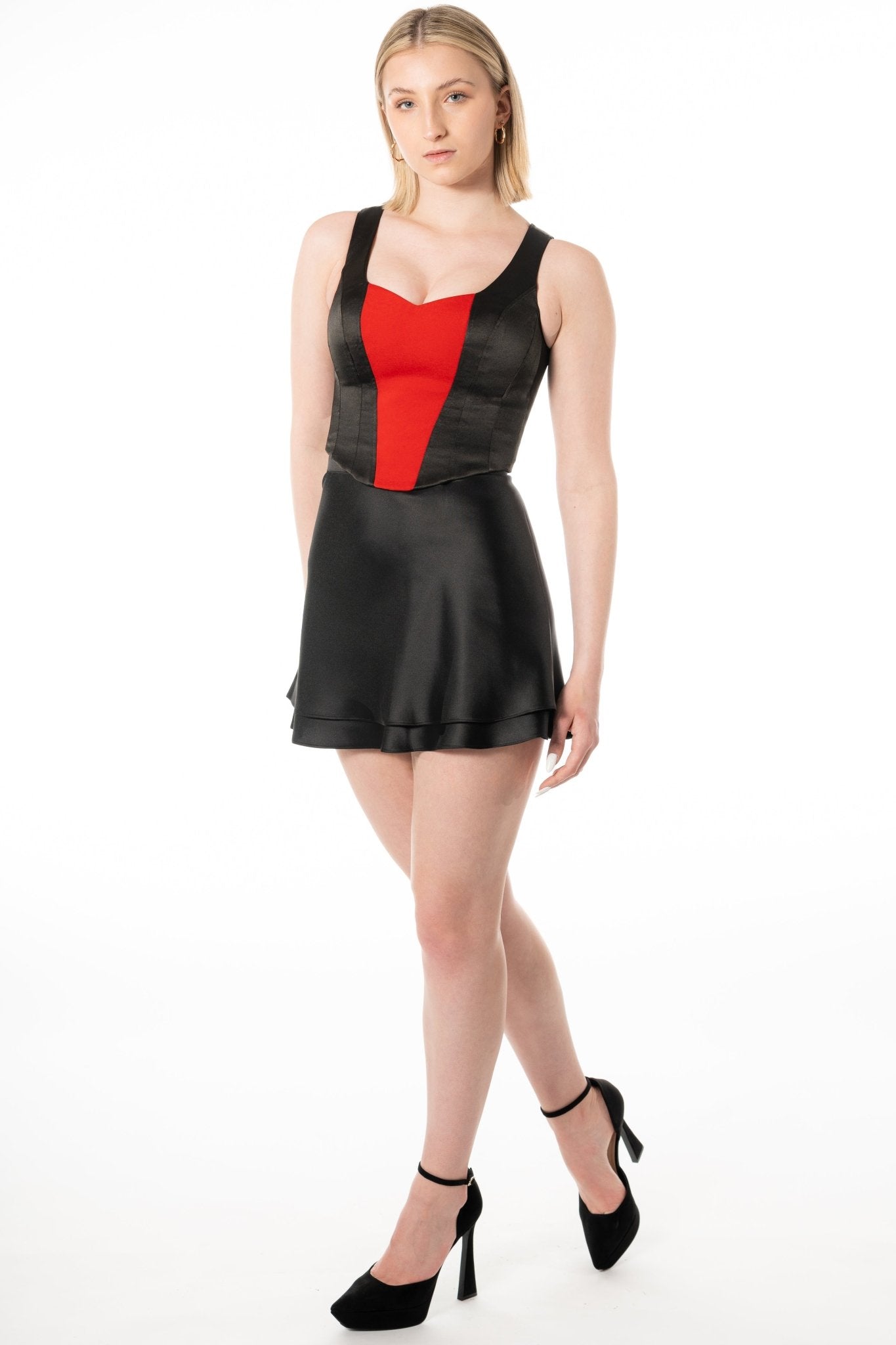 LUCY Cocktail Uniform Skirt for casino, gaming, hotel, restaurants, hospitality, and resorts. A short double layer satin skirt for cocktail server uniform. - KAPTVA Apparel