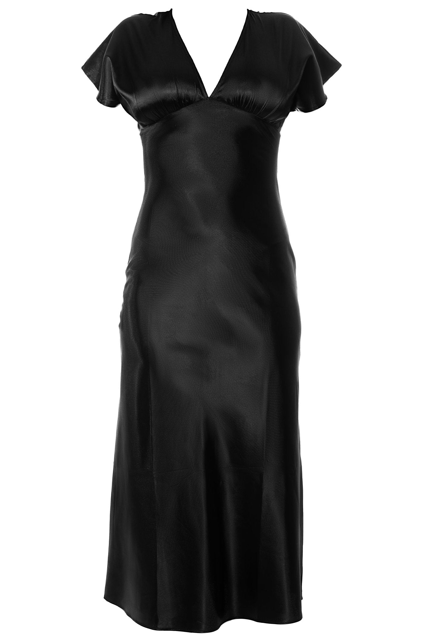 DIANA Hostess Dress Uniform for gaming, casino, hotel, restaurant, hospitality, and resorts. Satin black dress with short sleeves and bias skirt to the ankle. - KAPTVA Apparel