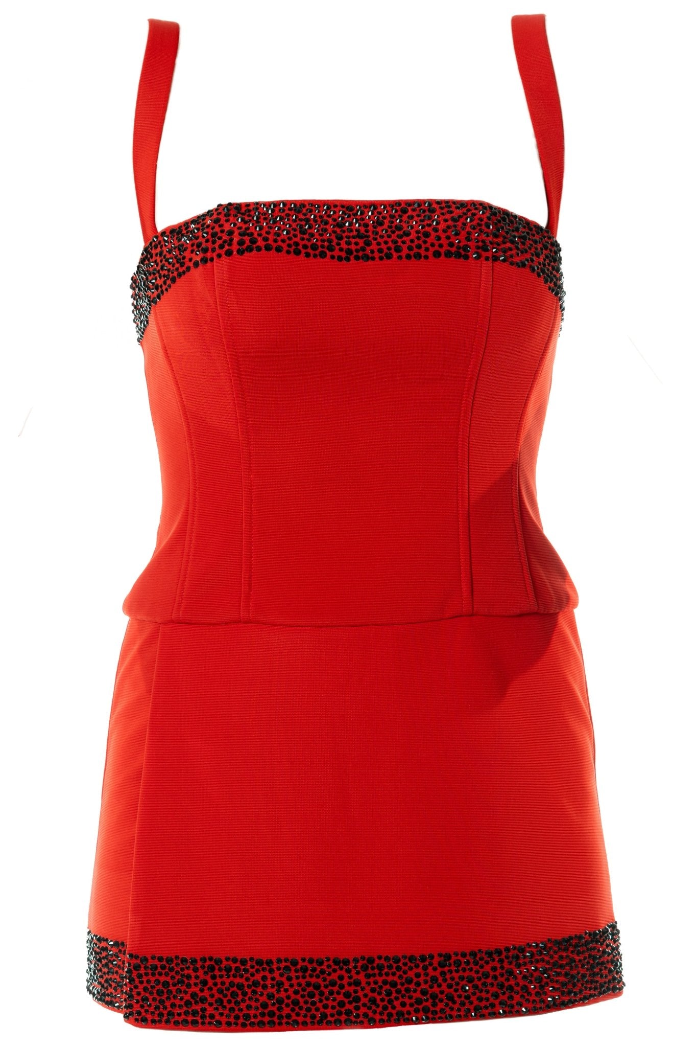 CHARLY Cocktail Dress Uniform for gaming, casino, hotel, hospitality, restaurants, and resorts. Red classic cocktail server dress uniform with black stone design at the neck and hem.- KAPTVA Apparel