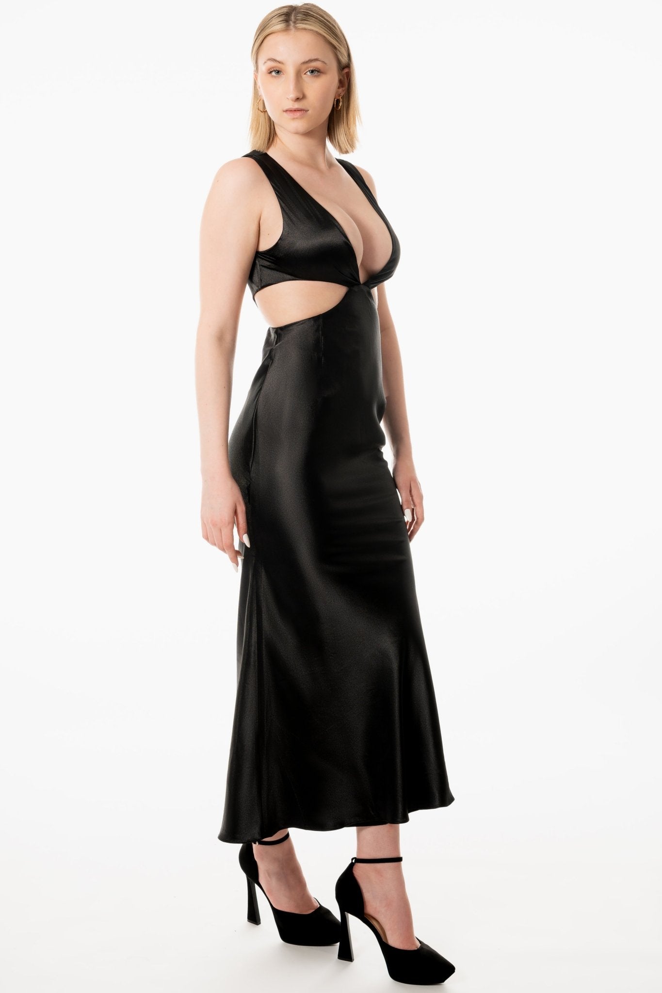 KERI Hostess Uniform Dress for gaming, casino, hotel, restaurants, hospitality, and resorts. Ankle length satin dress with cut out and low v neck line. - KAPTVA Apparel