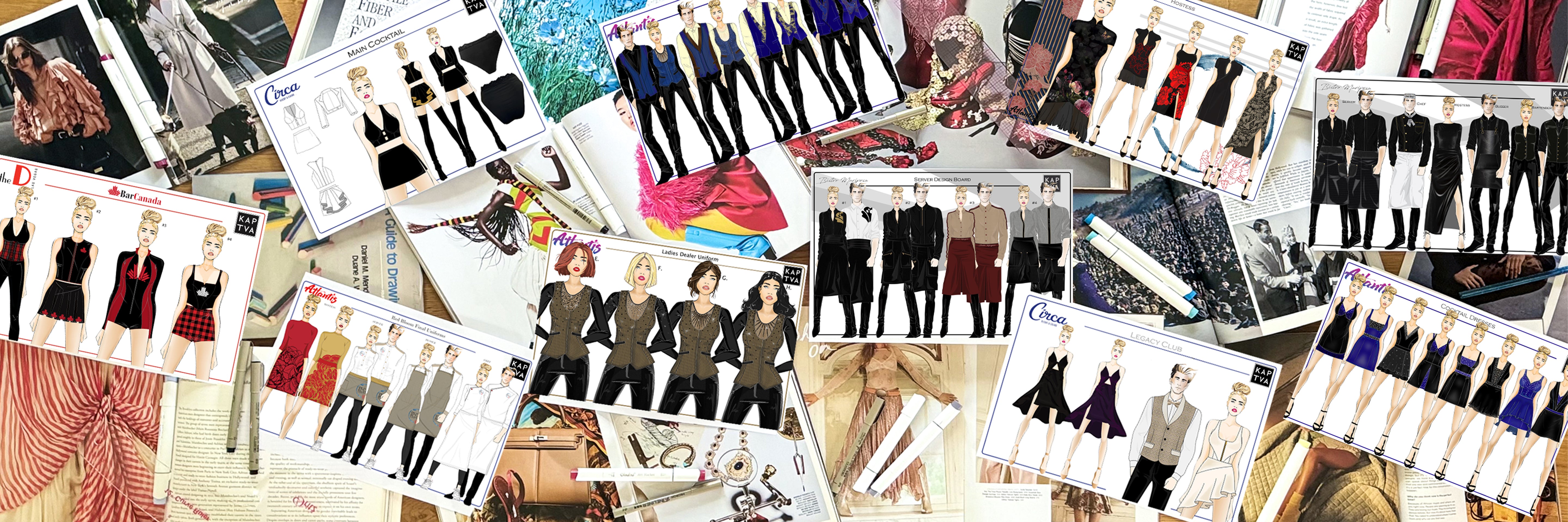 custom uniform design presentation boards for hotel uniform design, casino uniform design, restaurant uniform design, cocktail server uniform design, and hostess uniforms.