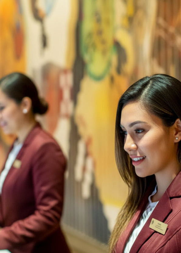 A woman in a maroon blazer and white collared shirt stands at a reception desk, smiling while looking to the side. Another staff member in a matching blazer is visible in the background in front of a large colorful mural.