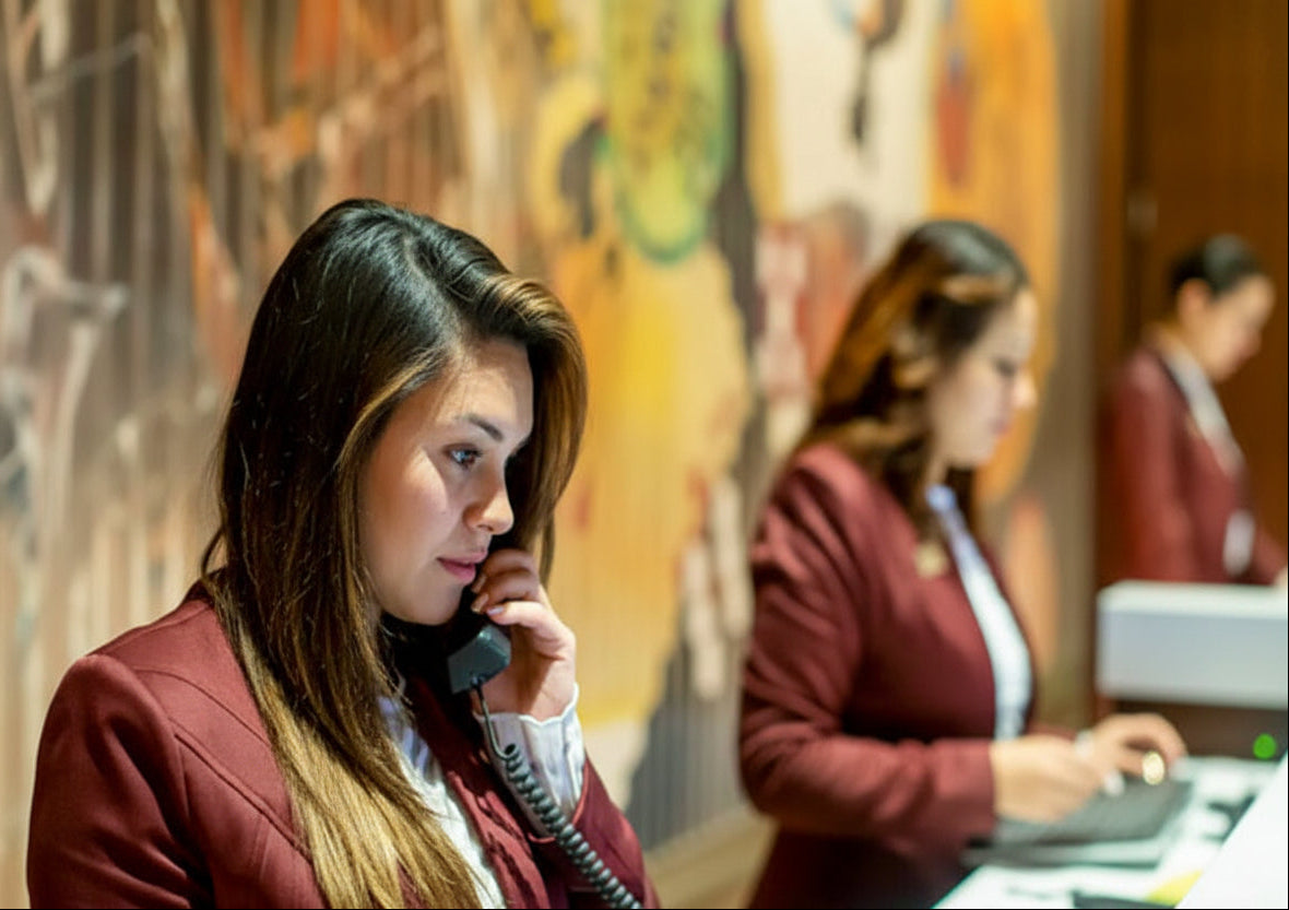 custom front desk uniforms designed by kaptva apparel for hotel and casino hospitality teams. Hospitality front desk tailored suits with custom fabric and design.
