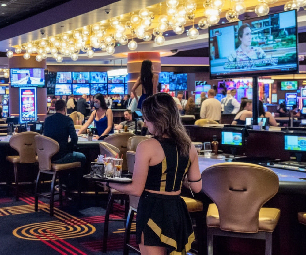 Casino cocktail server wearing custom luxury uniform serving guests on a busy casino floor, designed for performance, fit, and brand consistency in hospitality venues