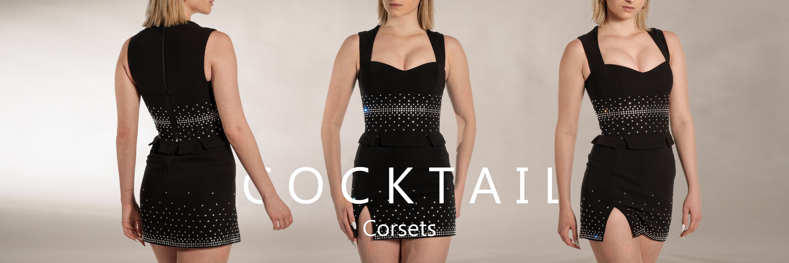 Custom uniform cocktail server corset in black with crystal stone details at the waist. Heart shaped neckline with full back. Open end zipper and inside bra construction for support. 