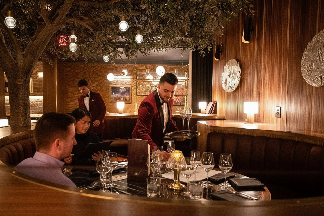 Custom restaurant uniforms worn by front of house staff delivering fine dining service, designed for comfort, movement, and elevated hospitality presentation. Front of house restaurant staff wearing custom luxury uniforms in an upscale dining environment, combining refined aesthetics with performance wear