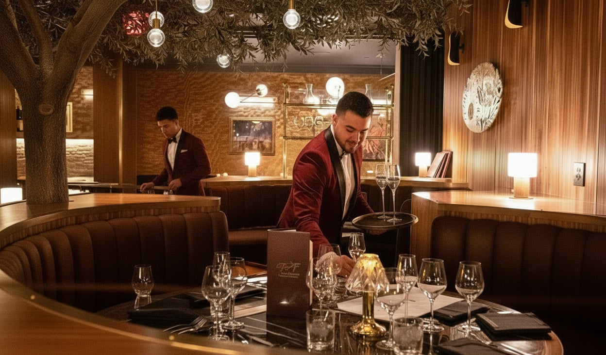 Dining scene in a restaurant with patrons and waitstaff.