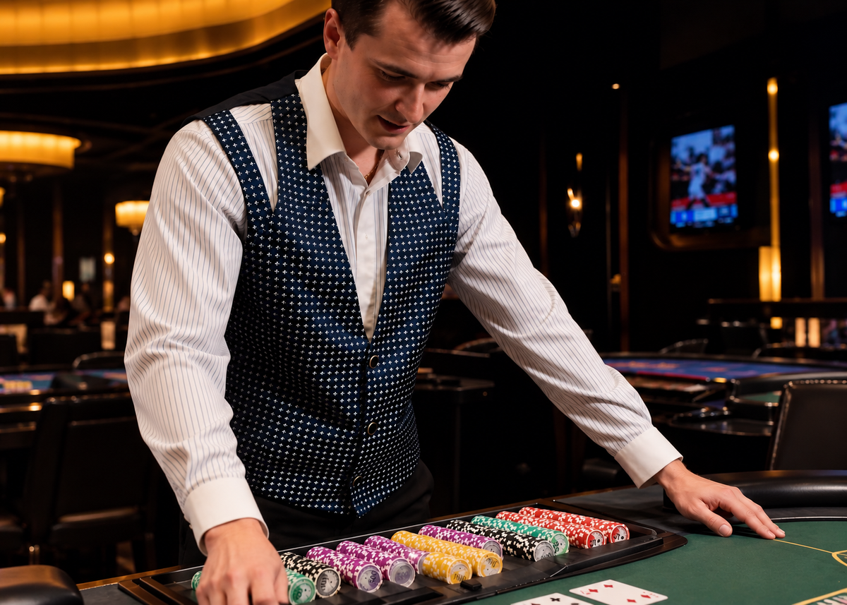 custom casino dealer uniforms with custom designed brocade for vest, shirts, and pants by Kaptva