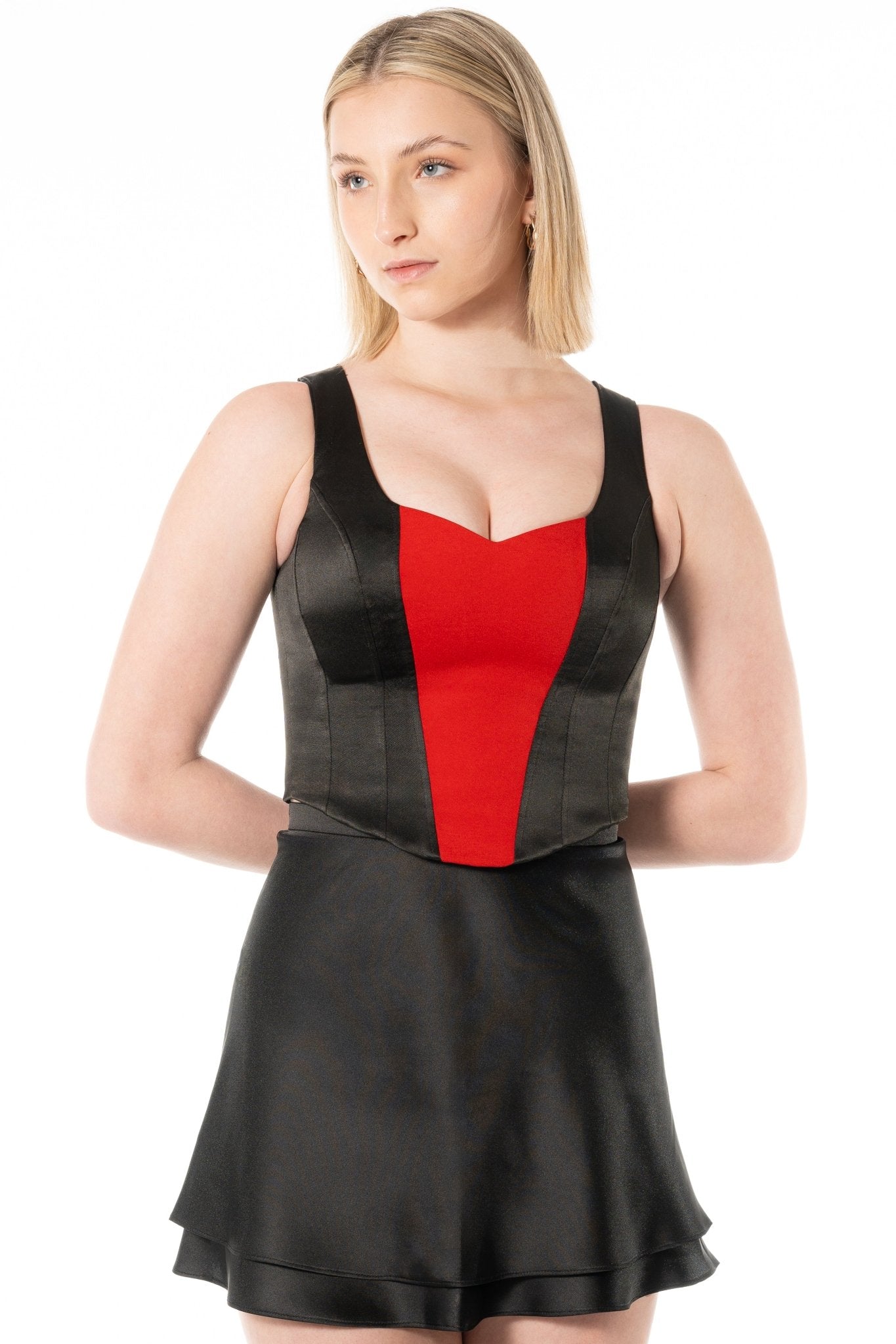 CARA Bustier Uniform top for gaming, casino, hotel, restaurant, and resorts. Corset uniform with contrast panel and sweetheart neckline. Stretch satin with full lining. - KAPTVA Apparel