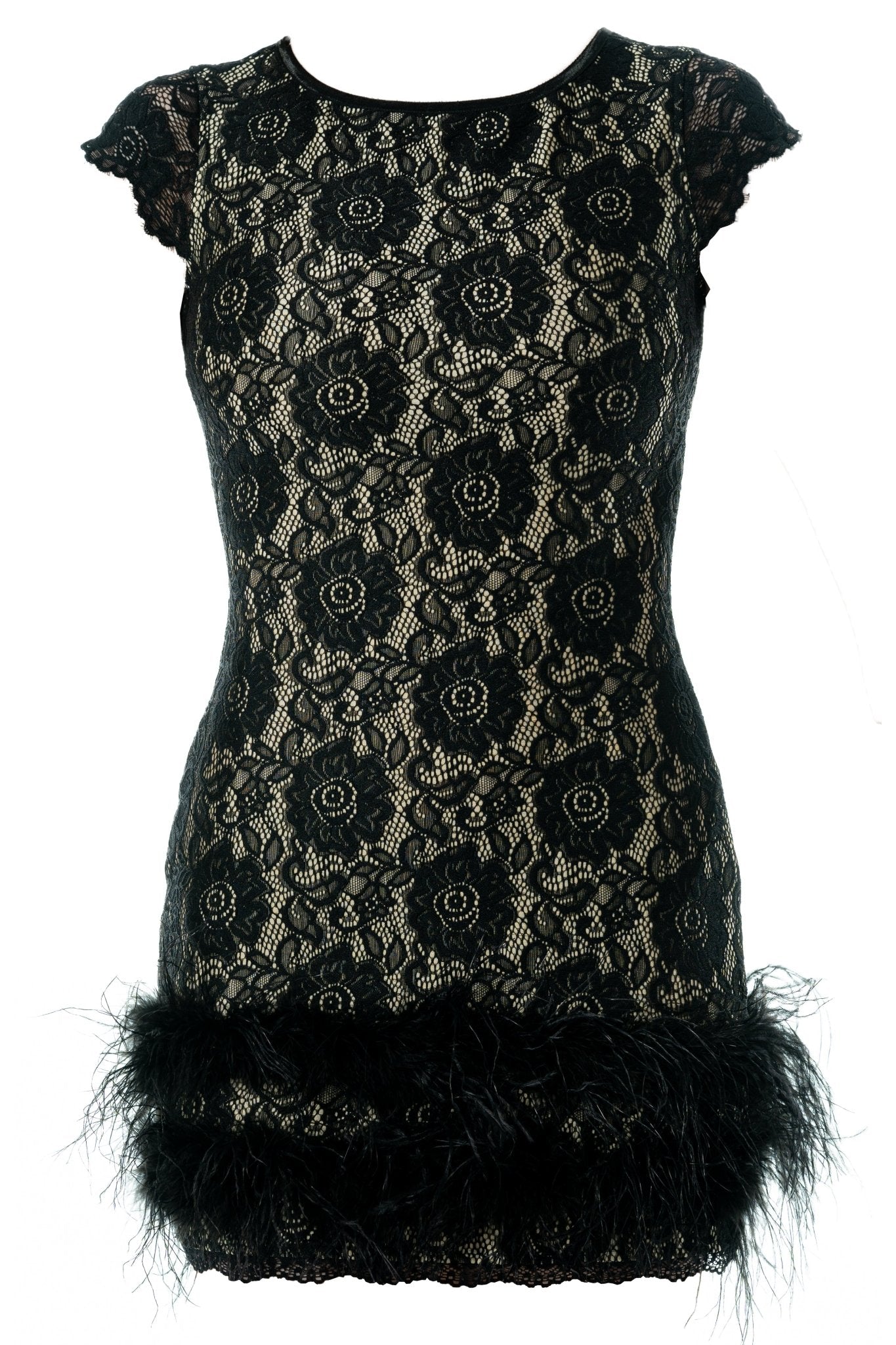 PIXIE Cocktail Dress Uniform for cocktail server in gaming, casino, hotel, restaurant, hospitality, and resorts. Mini dress in lace with feathers at hem lined in nude.- KAPTVA Apparel