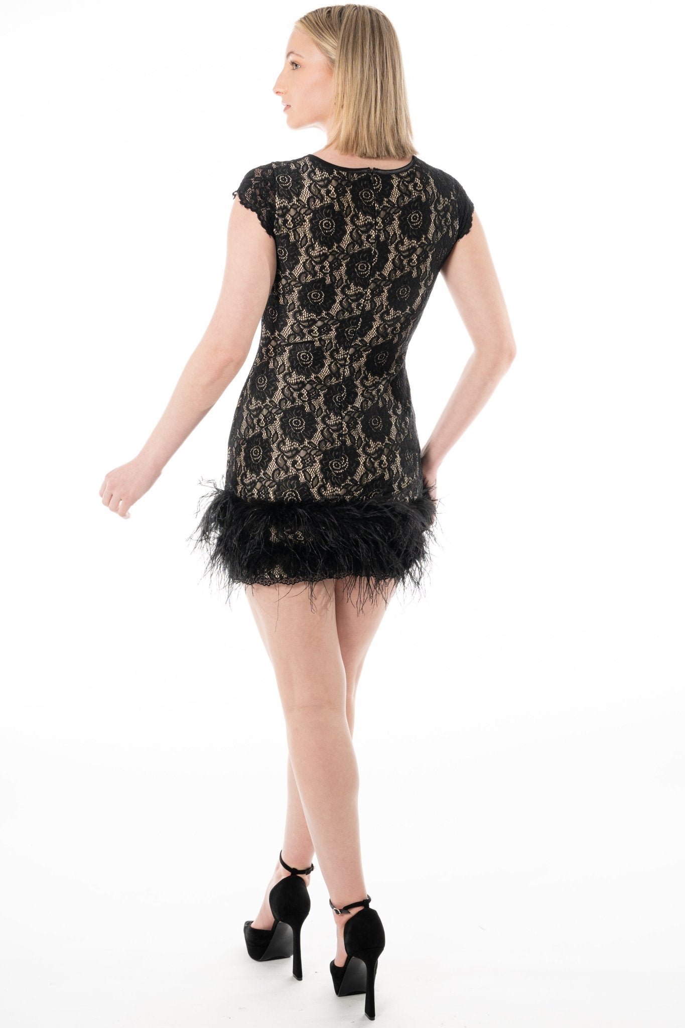 PIXIE Cocktail Dress Uniform for cocktail server in gaming, casino, hotel, restaurant, hospitality, and resorts. Mini dress in lace with feathers at hem lined in nude.- KAPTVA Apparel