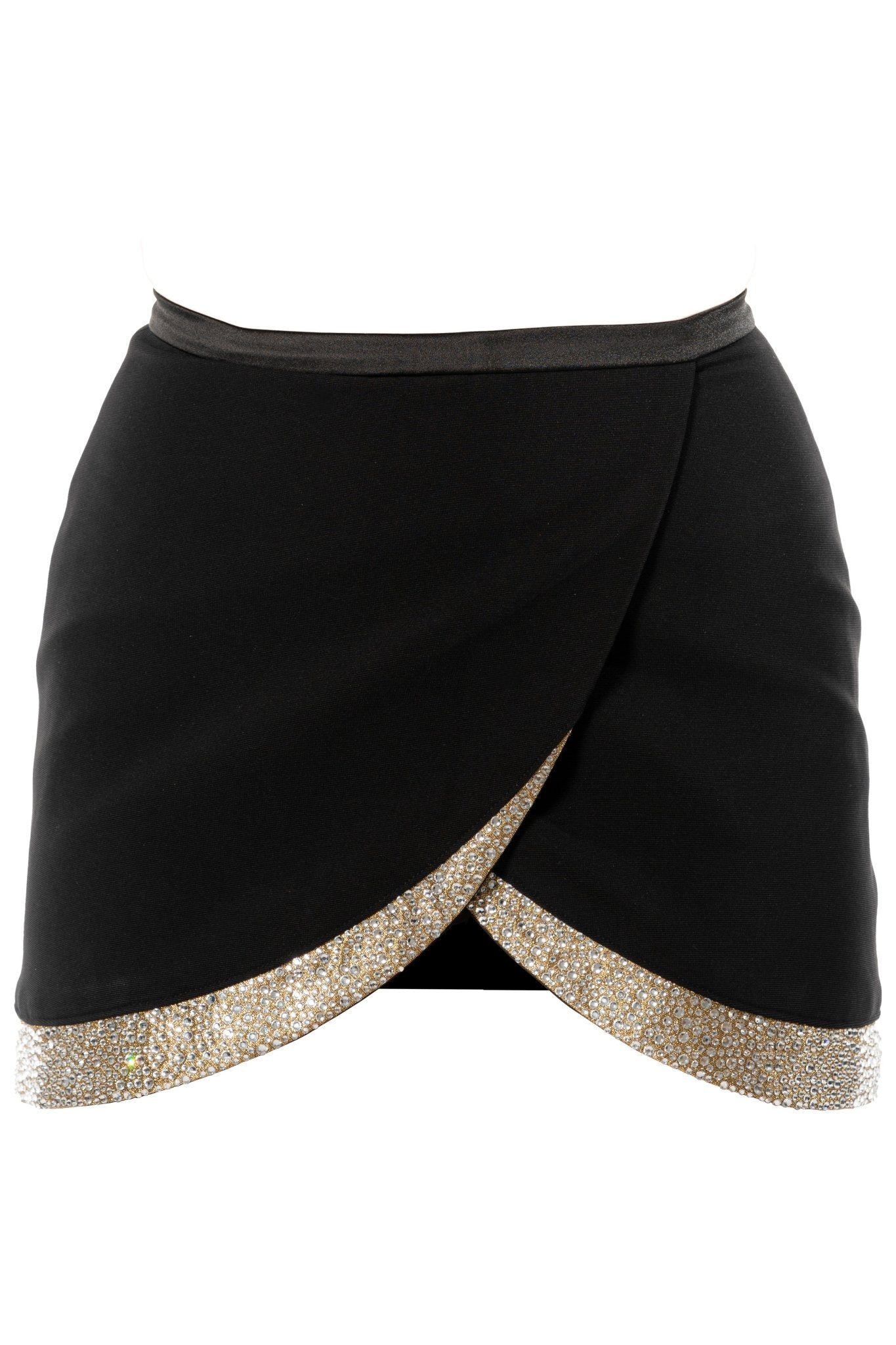 LYNN Cocktail Uniform Skirt for gaming, casino, hotel, restaurant, hospitality, and resorts. A short surplice skirt with gold brocade and crystal stone motif. - KAPTVA Apparel